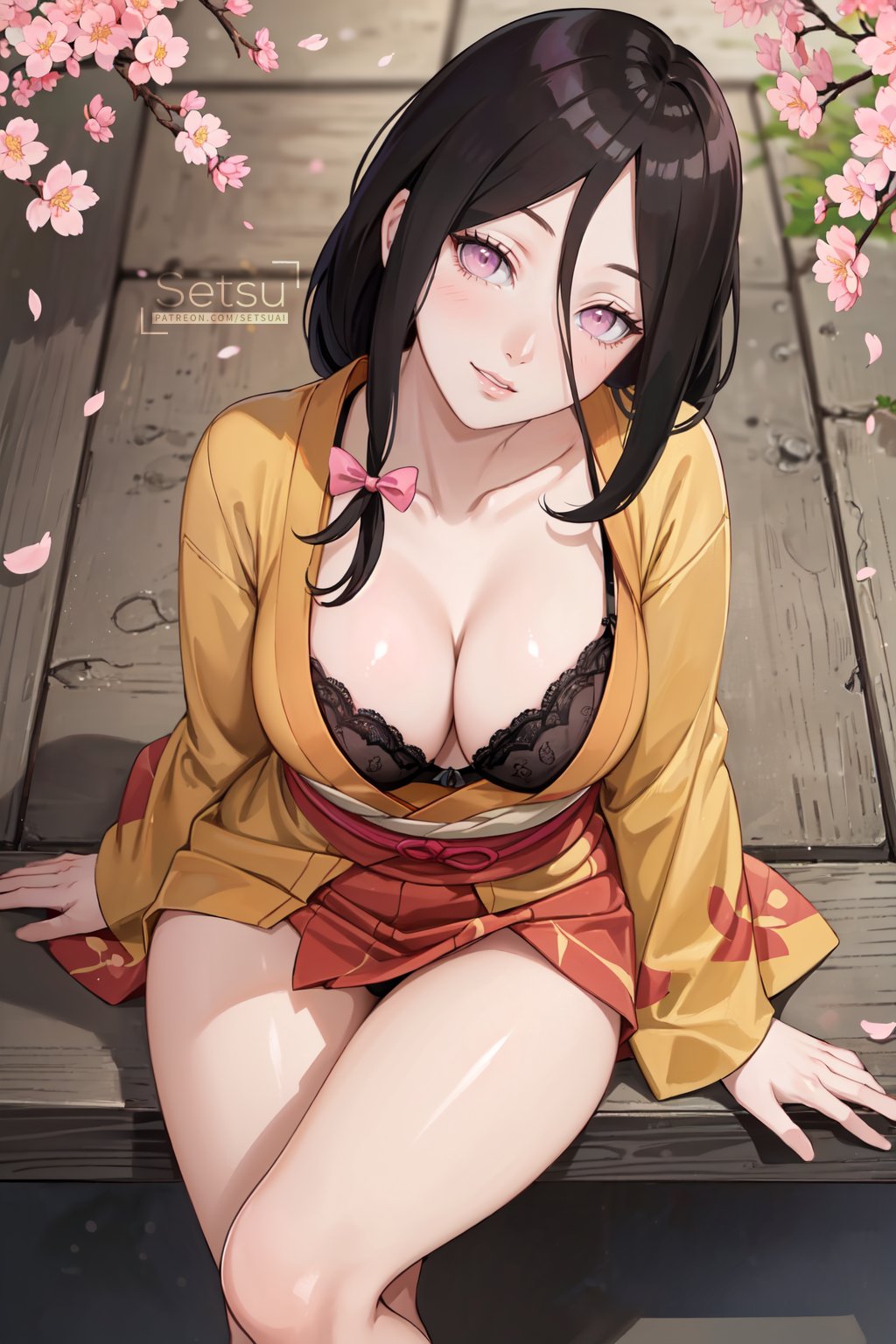 1girls, ai generated, almost naked, arm support, artist name, bare legs, bare thighs, barely clothed, big breasts, black bra, blush, blush lines, boruto: naruto next generations, bra, breasts, brown hair, cleavage, collarbone, crossed legs, curvaceous, curvy, curvy body, curvy female, curvy figure, feet out of frame, female, female only, flower petals, flowers, hyuuga hanabi, kimono, light skin, light-skinned female, lingerie, lingerie only, long hair, looking at viewer, low ponytail, low-tied long hair, midriff, mostly nude, nai diffusion, naruto, naruto (series), naruto shippuden, naruto: the last, navel, nose blush, oppai, parted lips, patreon username, petals, petite, ponytail, purple eyes, setsuaiart, shiny, shiny hair, shiny skin, sitting, slim waist, smile, smiling, smiling at viewer, smooth skin, solo, solo focus, stable diffusion, thick thighs, thighs, tied hair, underwear, url, very long hair, voluptuous, watermark, web address, wide hips, wide sleeves, yukata
