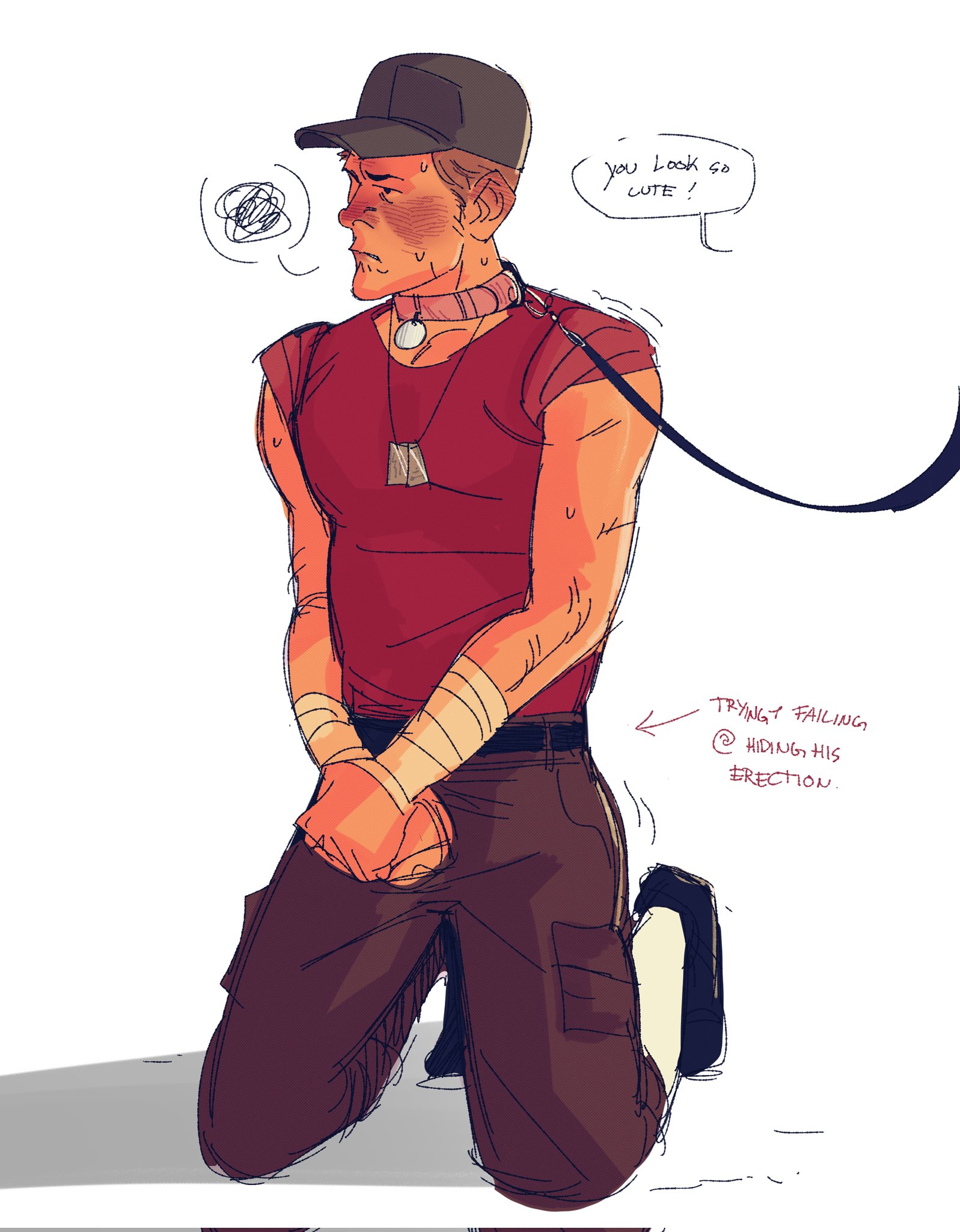 blushing, clothed, collar, dogtags, fully clothed, hand over crotch, hiding erection, humiliated, leash, leash and collar, lukewarmflukes, male, male only, on knees, pink collar, scout (team fortress 2), solo, solo male, submissive male, team fortress 2, tf2, yaoi