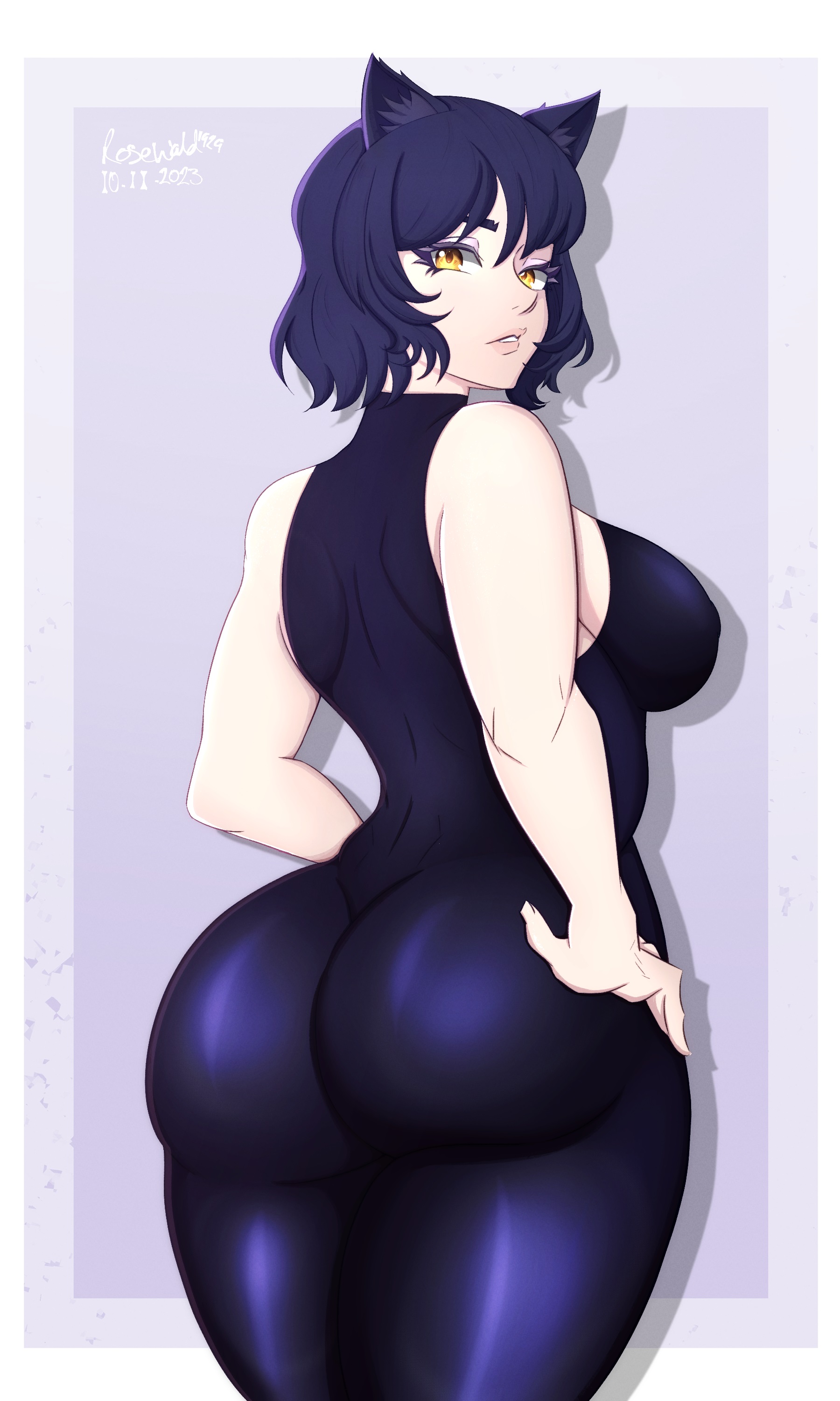 1girls, artist name, ass, ass focus, back, back view, big ass, big breasts, black hair, blake belladonna, breasts, cat ears, cat girl, catgirl, female, female only, huge ass, light skin, light-skinned female, looking at viewer, looking back, looking over shoulder, nipples, rosewald1929, rwby, solo, tagme, yellow eyes