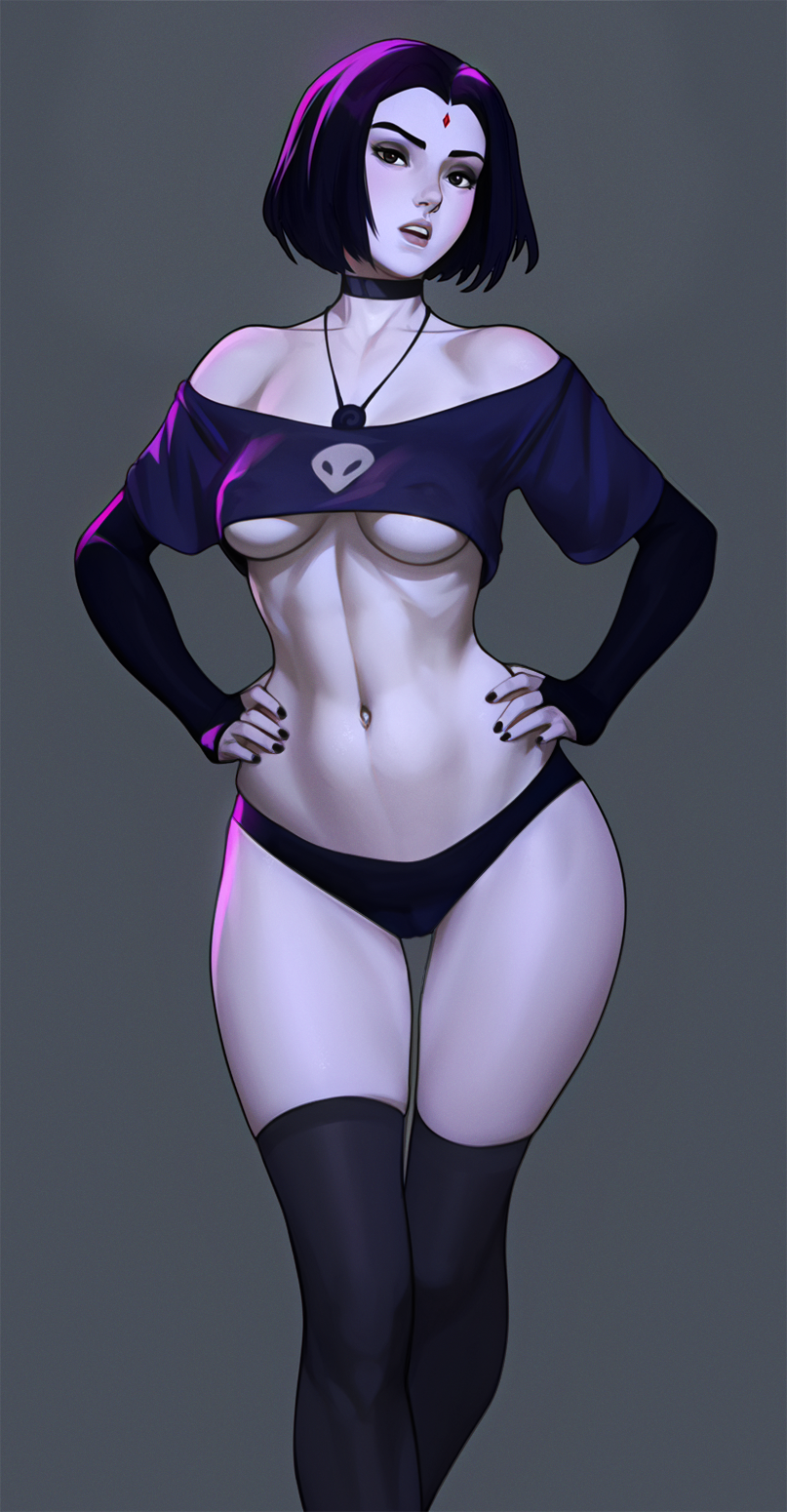 1female 1girls aged_up bare_midriff black_hair breasts cameltoe choker clothed clothing crop_top dc dc_comics edit elbow_gloves female female_only humanoid medium_breasts midriff midriff_baring_shirt mostly_nude pale-skinned pale_skin panties purple_eyes purple_hair rachel_roth raven_(dc) short_hair solo solo_female standing superheroine tarakanovich teen_titans thigh_highs thighhighs thighs underboob