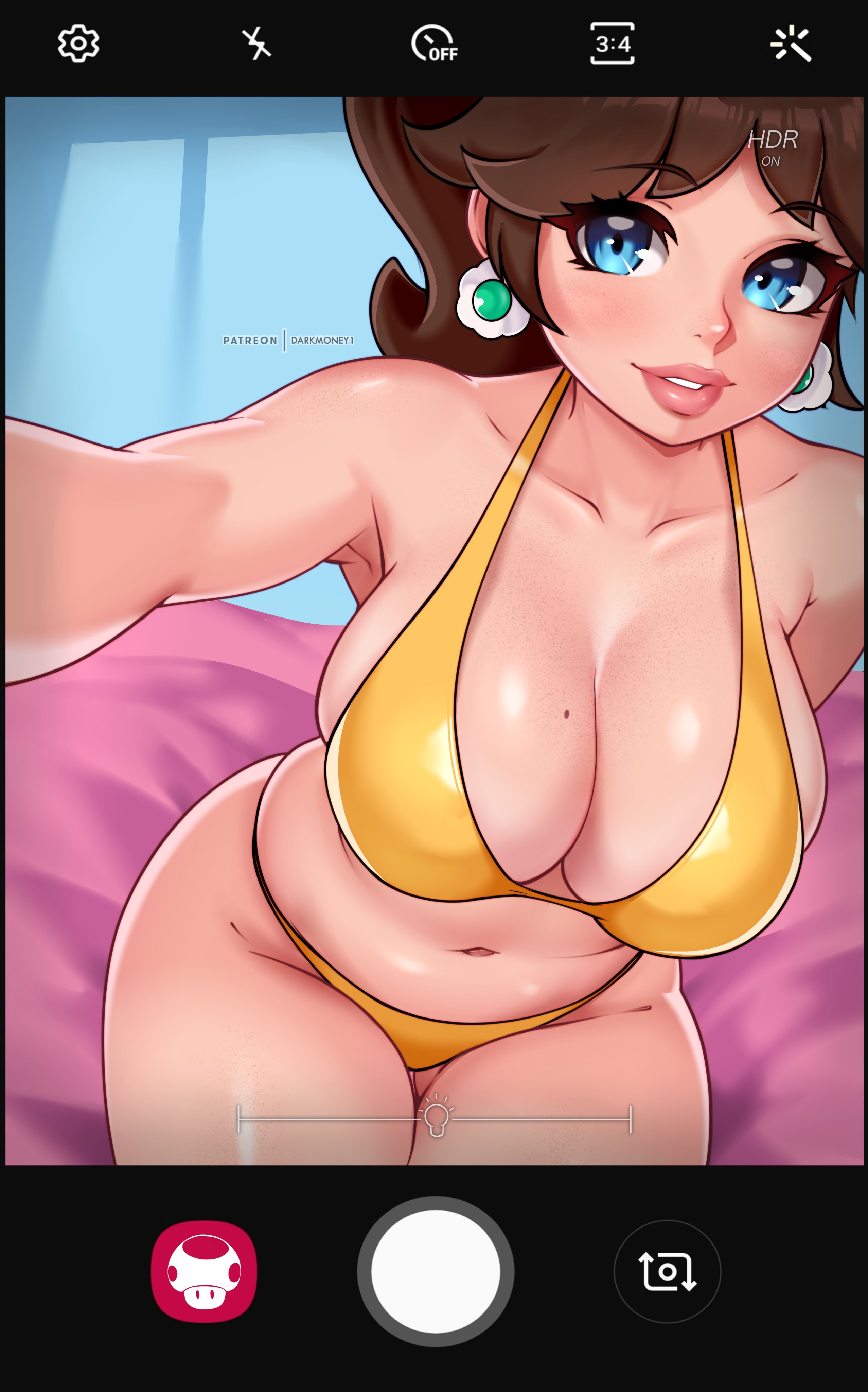 1girls, big breasts, big lips, bikini, bikini bottom, bikini top, blue eyes, bottomwear, breast focus, breasts, brown hair, cleavage, darkmoney1, ear piercing, earrings, female, female only, freckles, freckles on chest, freckles on face, freckles on shoulders, hair, hips, huge breasts, lips, lipstick, makeup, mario (series), mole, mole on breast, nintendo, phone screen, pink lipstick, princess daisy, selfie, solo, solo female, taking selfie, thick lips, thick thighs, thighs, topwear, yellow bikini