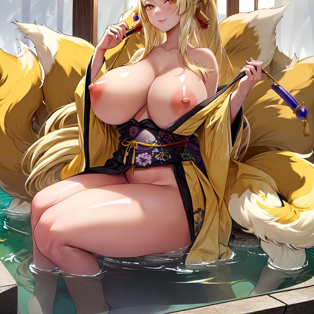 ai generated, areola, big breasts, blonde hair, breasts, female, high school dxd, kitsunemimi, long hair, nipples, nude, nude female, solo female, solo focus, tagme, tail, yasaka (high school dxd), yellow eyes, yellow tail