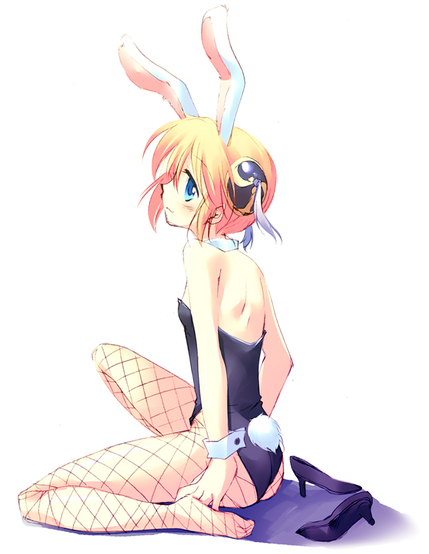 2009 barefoot blue_eyes bun_cover bunny_ears bunny_girl bunny_tail bunnysuit double_bun female female_only fishnets flat_chest full_body gintama hair_ornament high_heels kagura_(gintama) leotard looking_at_viewer looking_back motomiya_mitsuki orange_hair playboy_bunny shoes_removed sitting smile solo