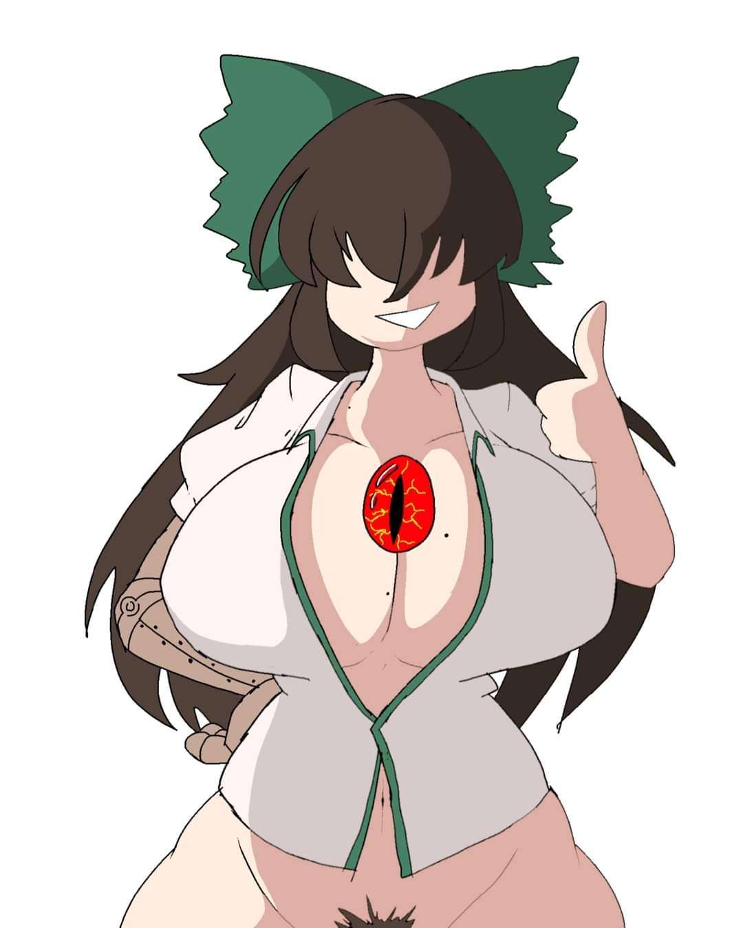 bangs bangs_over_eyes beauty_mark belly chubby chubby_belly h.a.r hair_over_eyes hardua huge_breasts mole pubic_hair reiuji_utsuho smile smiling smiling_at_viewer thumbs_up touhou tummy utsuho_reiuji wide_hips