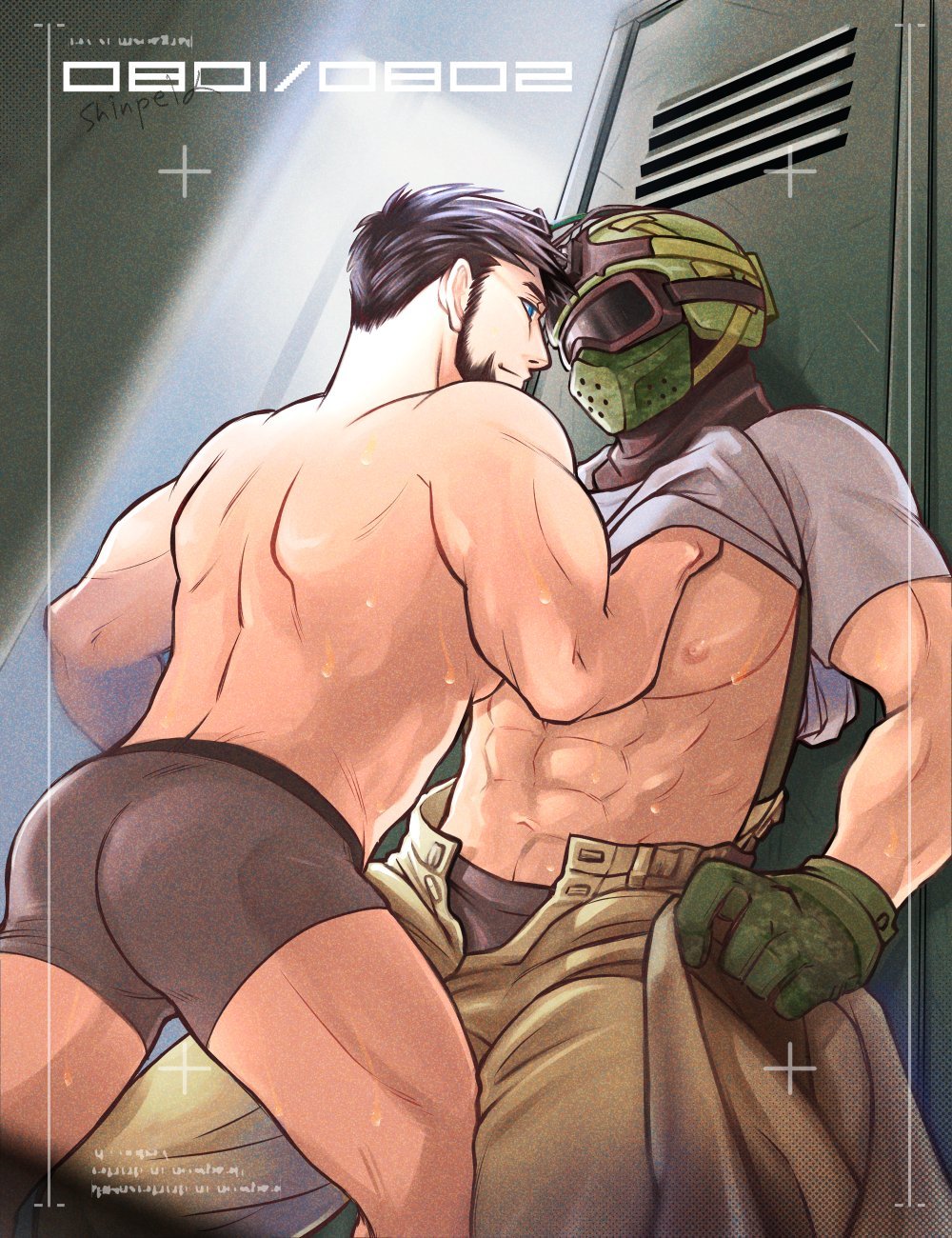 2boys ass boxer_briefs facial_hair feeling_up fly_open foreplay fuze_(rainbow_six) gay glaz_(rainbow_six) hand_under_clothes hand_under_shirt helmet helmet_only imminent_sex locker locker_room male_only masked_male muscular muscular_male no_visible_genitalia pants_open rainbow_six rainbow_six_siege shinpei_alpha sweat taking_clothes_off underwear yaoi