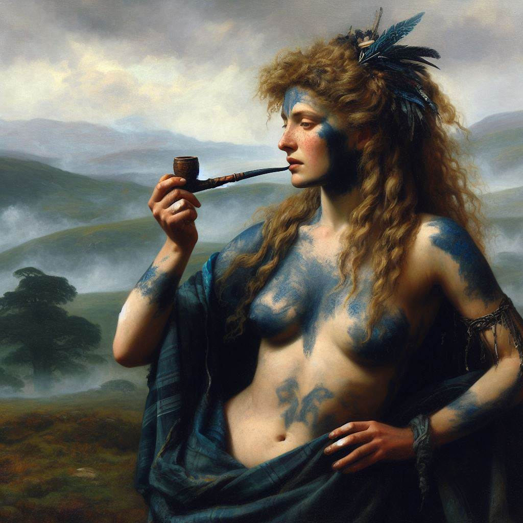 ai_generated artistic_nude blonde_female blonde_hair breasts breasts_out britain british british_female briton brythonic celt celtic england fantasy flannel history irish national_personification nature painted_body painting painting_(artwork) pipe pipe_smoking smoke smoking_fetish smoking_weed tribal wales weed welsh woad