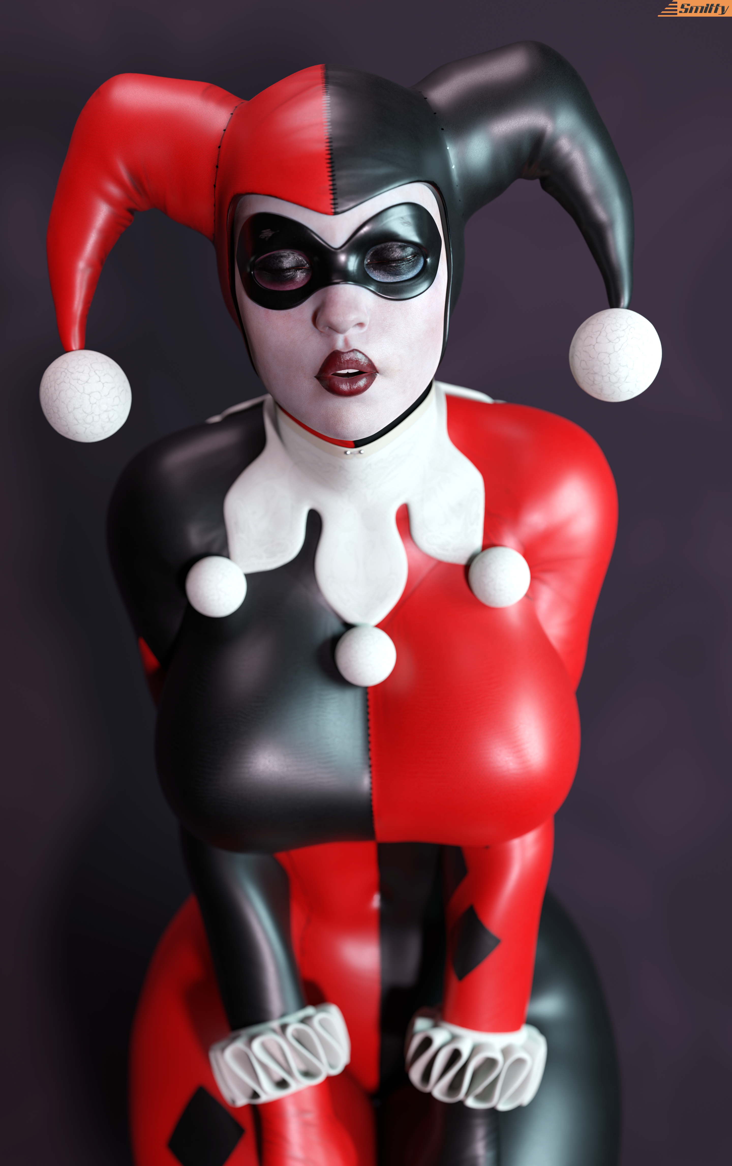 3d, 3d (artwork), batman (series), batman: arkham knight, blender (software), breasts, clown, clown girl, dc, dc comics, eyes closed, female, harley quinn, harley quinn (classic), harley quinn (injustice), injustice 2, jester, jester cap, jester costume, jester girl, jester hat, jester outfit, large breasts, light skin, light-skinned female, makeup, pale skin, pale-skinned female, smitty34, superheroine, tagme, thick thighs, tight clothing, voluptuous, voluptuous female, wide hips