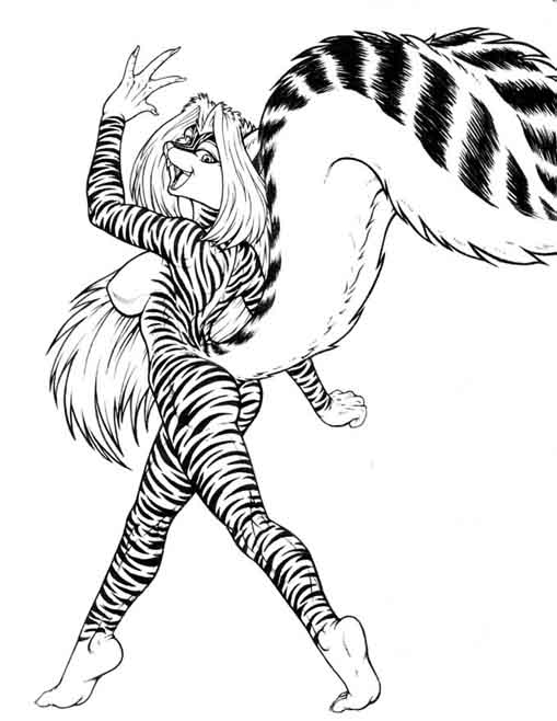 anthro ass breasts exhibitionism felid female gesture happy hybrid looking_at_viewer looking_back mammal max_blackrabbit mephitid nude pantherine side_boob skunk smile solo striped_body stripes strutting tail tiger waving waving_at_viewer zig_zag