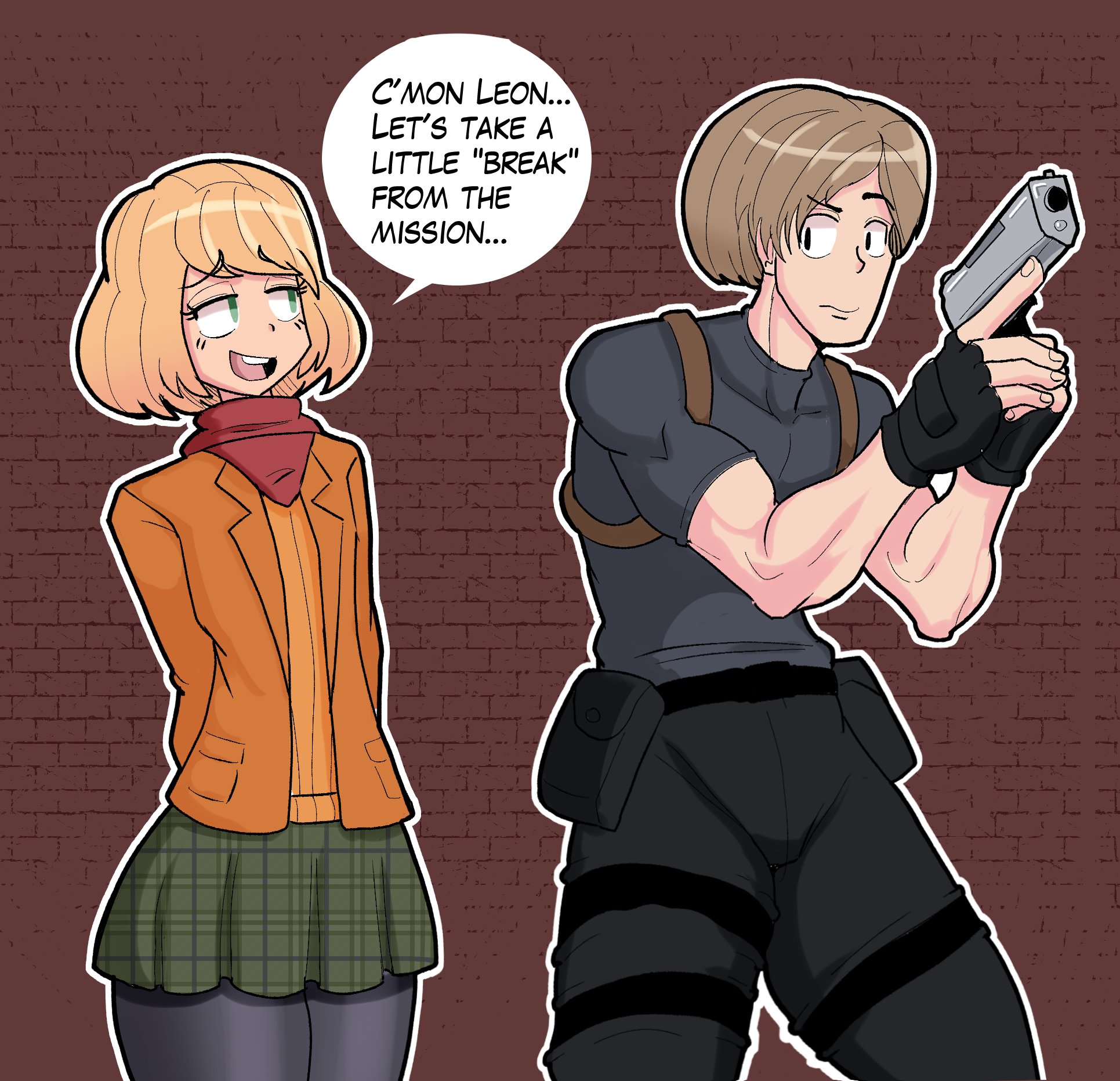 2boys, ashley graham, ashley graham (ella freya), blonde hair, blonde male, capcom, clothed, english text, femboy, feminine male, fully clothed, genderswap, genderswap (ftm), green eyes, gun, holding weapon, horny, horny male, imminent sex, leon scott kennedy, male, male ashley, male only, nozzynoz, pistol, resident evil, resident evil 4, resident evil 4 remake, rule 63, scarf, text, thick, thick thighs, thighs, trap, twink, weapon