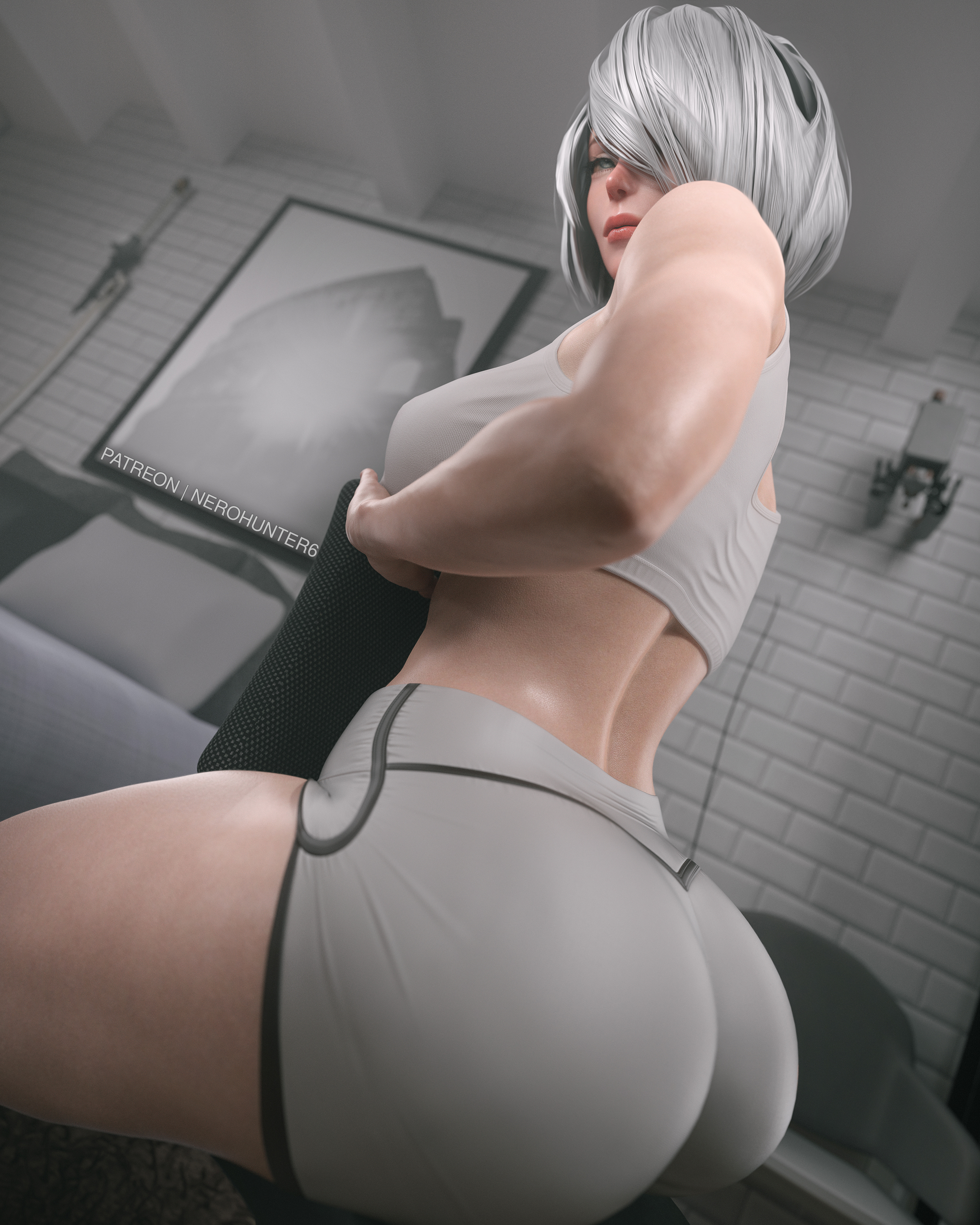 3d, 3d (artwork), android, android girl, ass, big ass, breasts, clothed, clothed female, female, hair over one eye, light skin, light-skinned female, looking at viewer, looking down, nerohunter6, nier, nier (series), nier: automata, robot, robot girl, white hair, yorha 2b