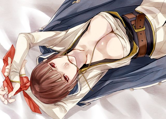 artist_request big_breasts binder_(restraint) breasts brown_hair cleavage cleavage_window isabeau_(smt) laying_down laying_on_bed open_shirt pinup red_eyes shin_megami_tensei shin_megami_tensei_iv short_hair uniform