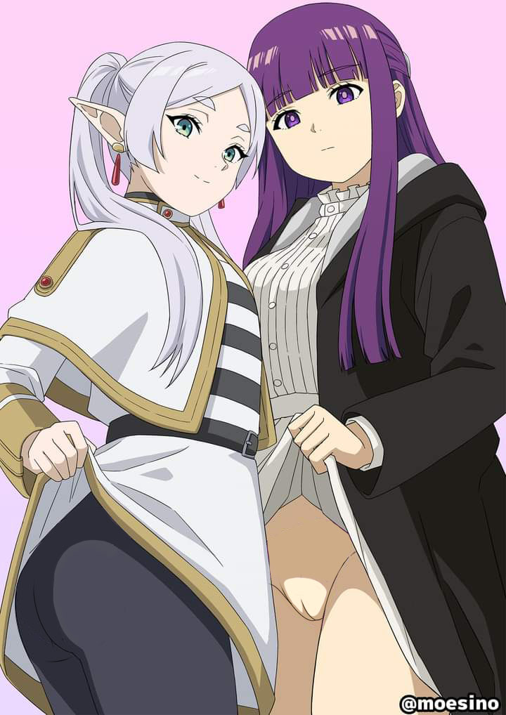 2girls ass black_thighhighs bottomless elf elf_ears elf_female female female_only fern_(sousou_no_frieren) frieren grey_hair lifted_by_self long_hair looking_at_viewer moesino multiple_girls no_panties purple_eyes purple_hair pussy skirt_lift sousou_no_frieren twintails