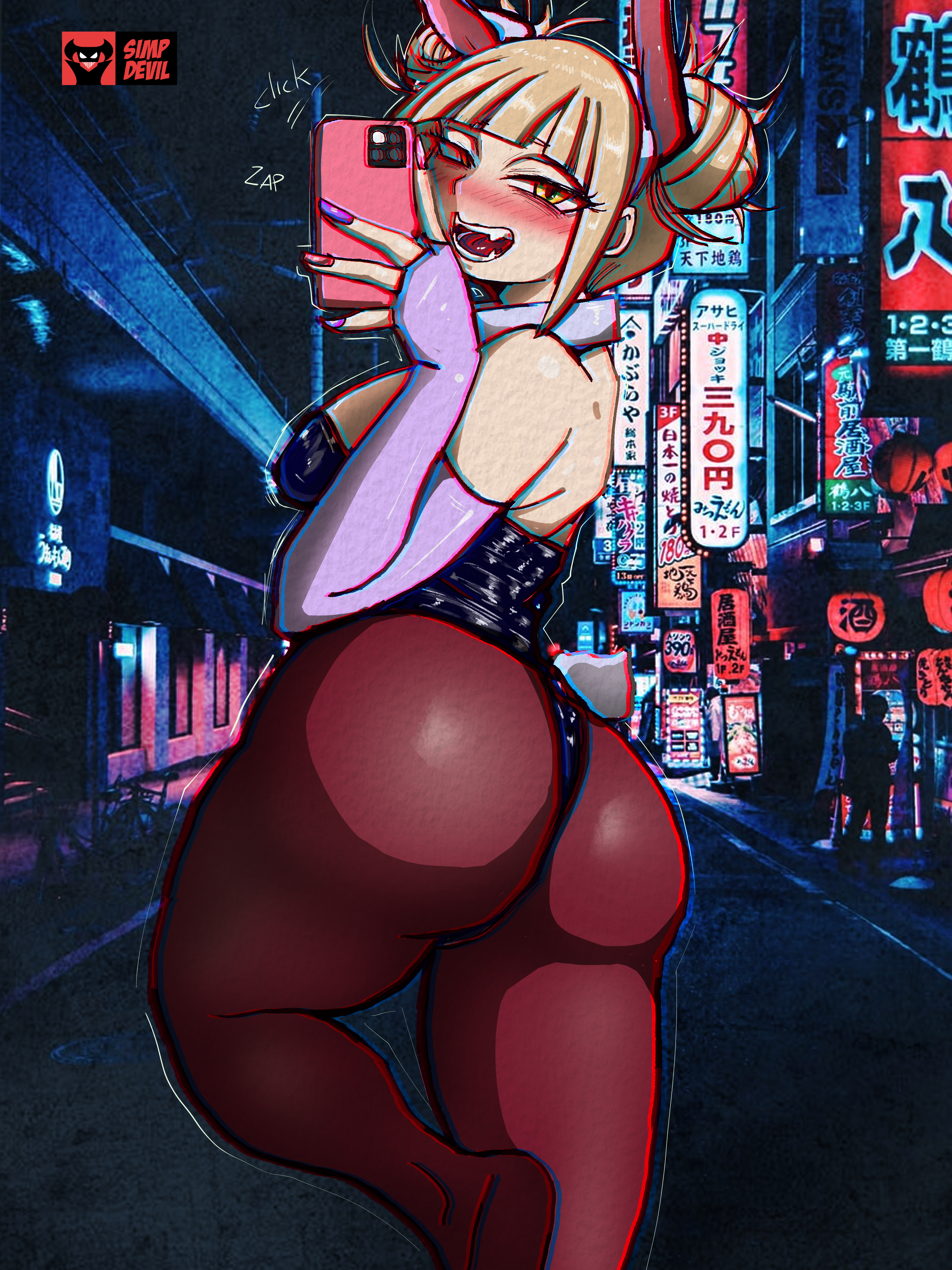 1girls, alternate version available, ass, ass focus, big ass, blonde hair, blonde-haired female, blush, bubble ass, bubble butt, bunny ears, bunny tail, bunnysuit, clothing, double bun, elbow gloves, fake animal ears, fake tail, female, female only, gloves, himiko toga, huge ass, leggings, legwear, looking back, my hero academia, nail polish, nails, no text version, open mouth, pink nails, purple gloves, purple nails, simp devil, solo, solo female, tail, textless, textless version, thighs, yellow eyes