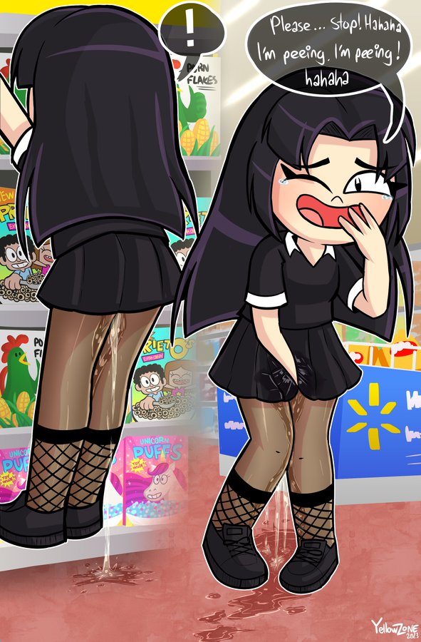 goth_girl intentional_pants_wetting laughing omorashi original peeing peeing_self speech_bubble supermarket urination walmart wetting wetting_self yellowzonemx