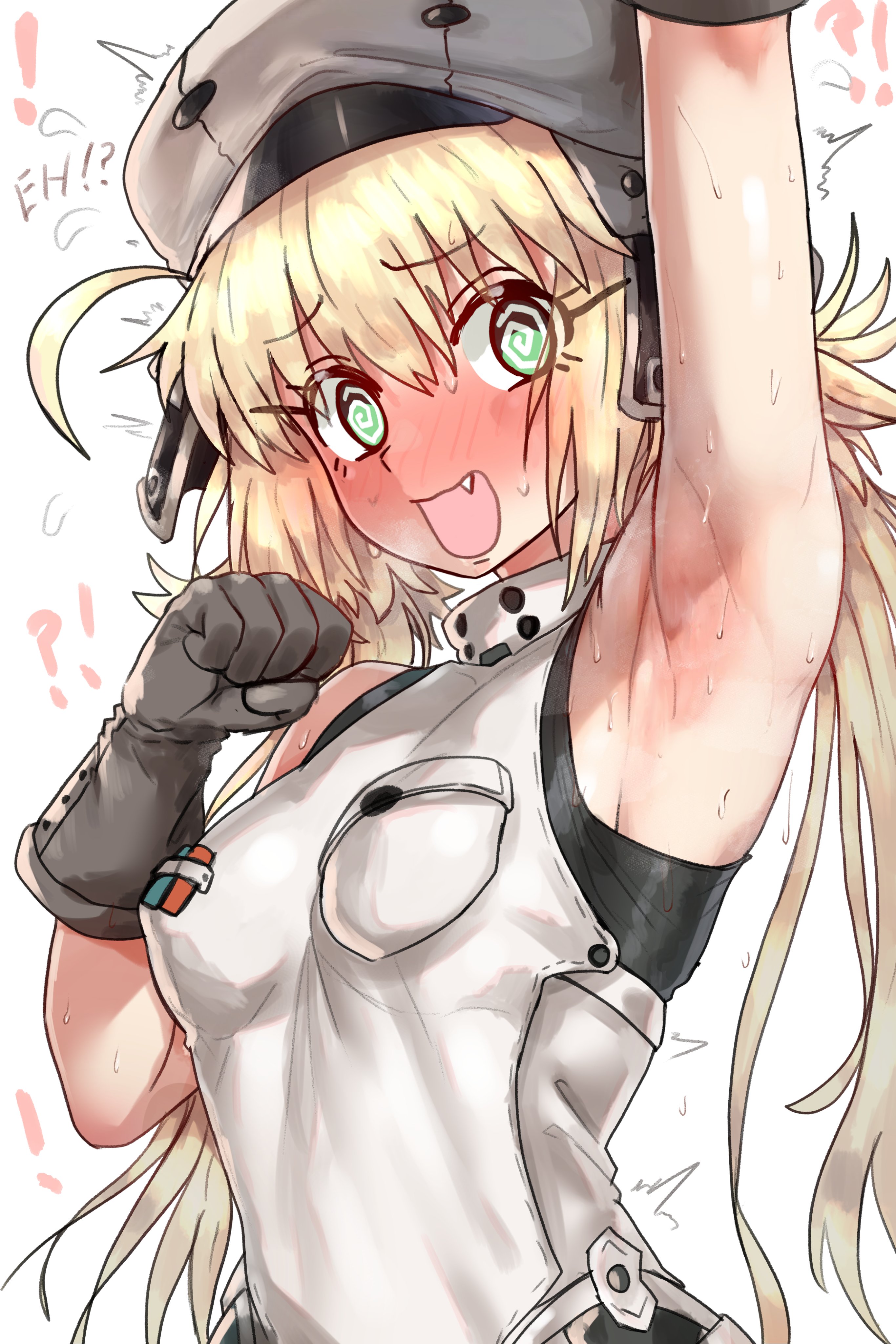 1girls, armpit fetish, armpits, arms up, artoria caster (fate), artoria pendragon, artoria pendragon (caster), blonde hair, blush, breasts, clothed, cute fang, ebora, embarrassed, fate (series), fate/grand order, female, gloves, green eyes, hi res, light skin, light-skinned female, long hair, medium breasts, perky breasts, sleeveless, sweat, swirly eyes, twintails, youngmanisdown