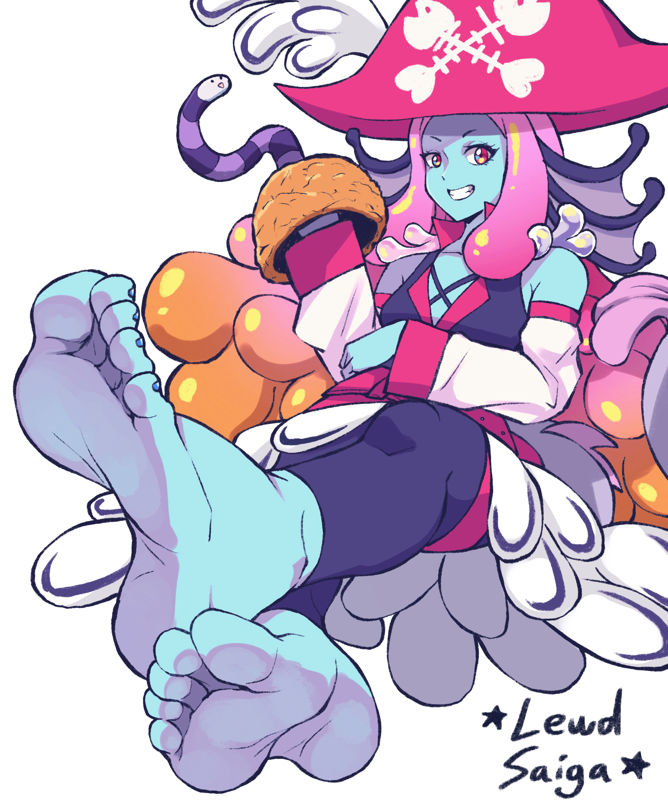 1girls, barefoot, blue body, blue nails, blue toenails, braided hair, duel monster, eating, feet, female, female focus, female only, foot fetish, foot focus, gold pride - captain carrie, lewdsaiga, pirate, presenting feet, solo, solo focus, staring at viewer, tagme, toes, yu-gi-oh!