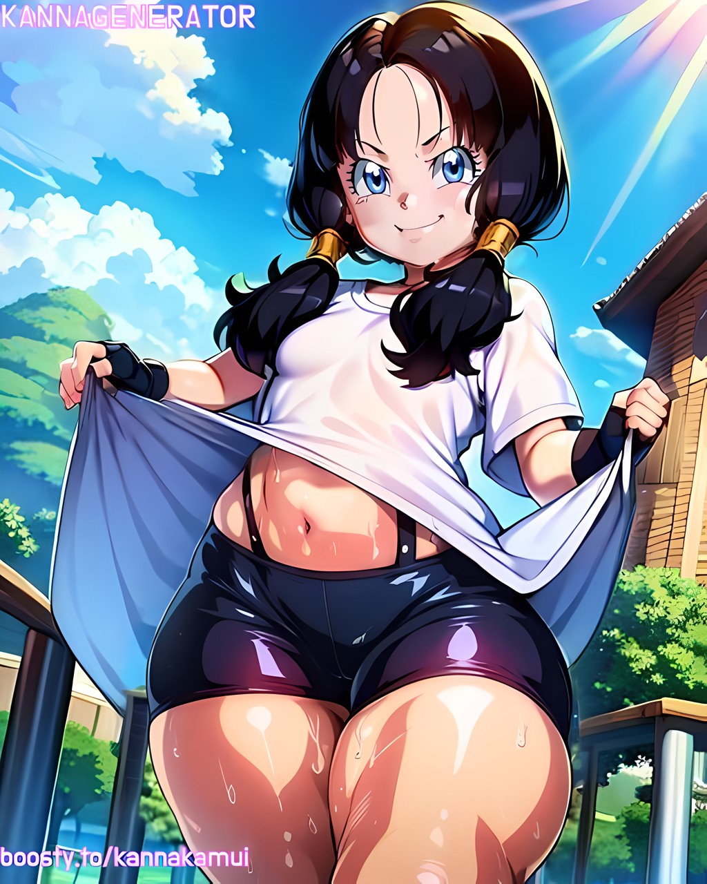 ai_generated bike_shorts black_hair clothes_lift dragon_ball dragon_ball_super dragon_ball_z evil_smile exhibition exhibitionism exhibitionist fingerless_gloves kannagenerator prostitution smirk smug spandex spandex_shorts sweat sweating thick thick_legs thick_thighs thong twintails videl white_shirt younger_female