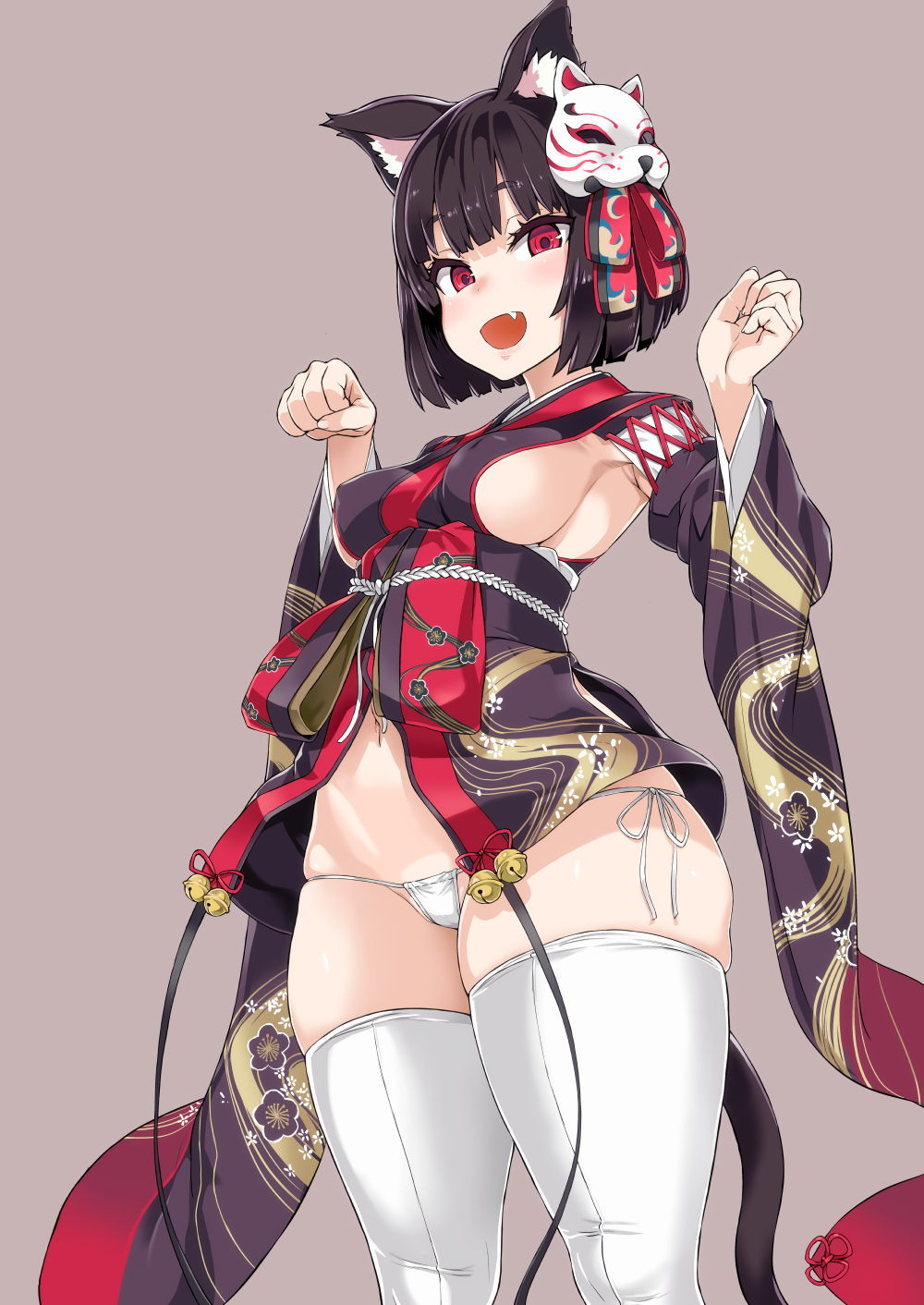 accessory animal_humanoid asanagi azur_lane bell black_body black_fur black_hair blush breasts cat_humanoid clothing fangs felid felid_humanoid feline feline_humanoid female fur hair hair_ornament humanoid inner_ear_fluff legwear mammal mammal_humanoid open_mouth paw_pose pose red_eyes short_hair sideboob solo standing thighhighs tuft underwear white_body white_fur yamashiro_(azur_lane)