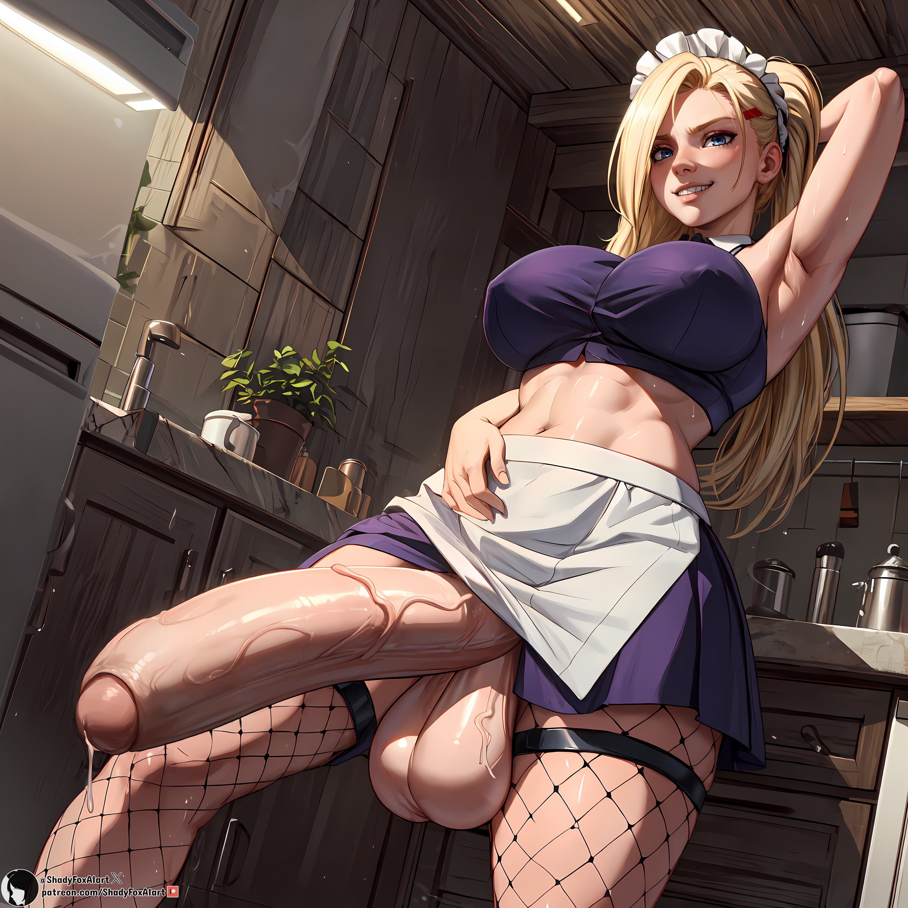 1dickgirl, 1futa, 2023, abs, absurd res, ai generated, apron, arm up, armpits, balls, big balls, big breasts, big penis, big testicles, blonde hair, blue eyes, bodily fluids, breasts, crop top, day, daytime, dickgirl, dripping, dripping precum, exposed penis, female, fishnet legwear, fishnets, flaccid, foreskin, from below, front view, futa only, futanari, high resolution, highres, huge cock, indoors, ino yamanaka, intersex, kitchen, legwear, light skin, light-skinned futa, long hair, looking at viewer, maid, maid headdress, muscles, muscular female, naruto, naruto (series), naruto shippuden, navel, nipple bulge, nipples, penis, plant, ponytail, potted plant, precum, precum drip, precum string, self upload, shadyfox, skirt, smile, solo, solo focus, solo futa, stable diffusion, standing, stockings, sunlight, sweat, sweatdrop, sweating, sweaty, teeth, teeth showing, teeth visible, testicles, thighs, toned, toned stomach, uncensored, uncircumcised, upper teeth, vein, veins, veiny, veiny penis