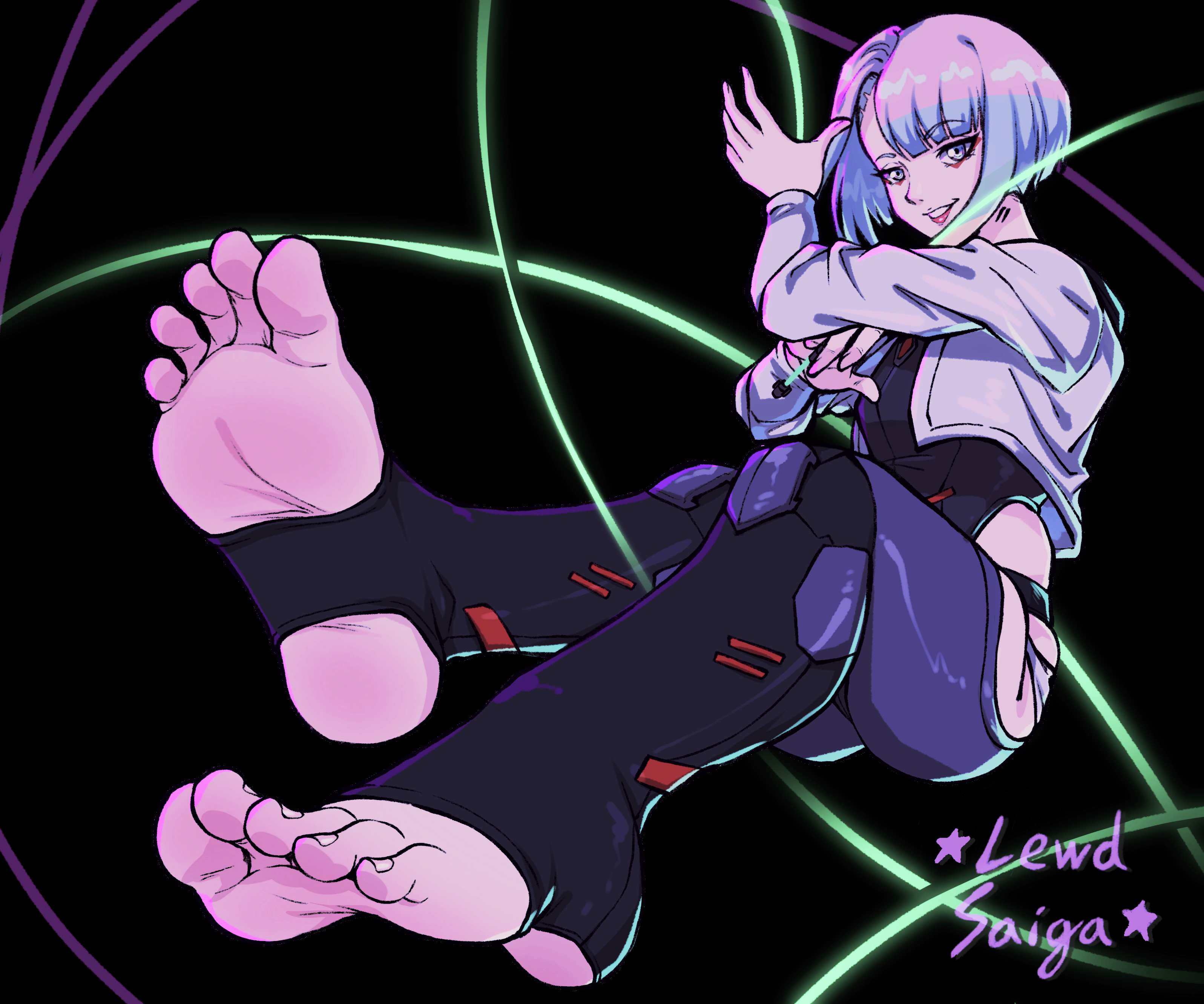 1girls, asian, asian female, blonde hair, clothed, cyberpunk: edgerunners, feet, female, female focus, female only, foot fetish, foot focus, from below, greek toe, lewdsaiga, lucyna kushinada, presenting feet, short hair, soles, stirrup legwear, stirrups, studio trigger, toes