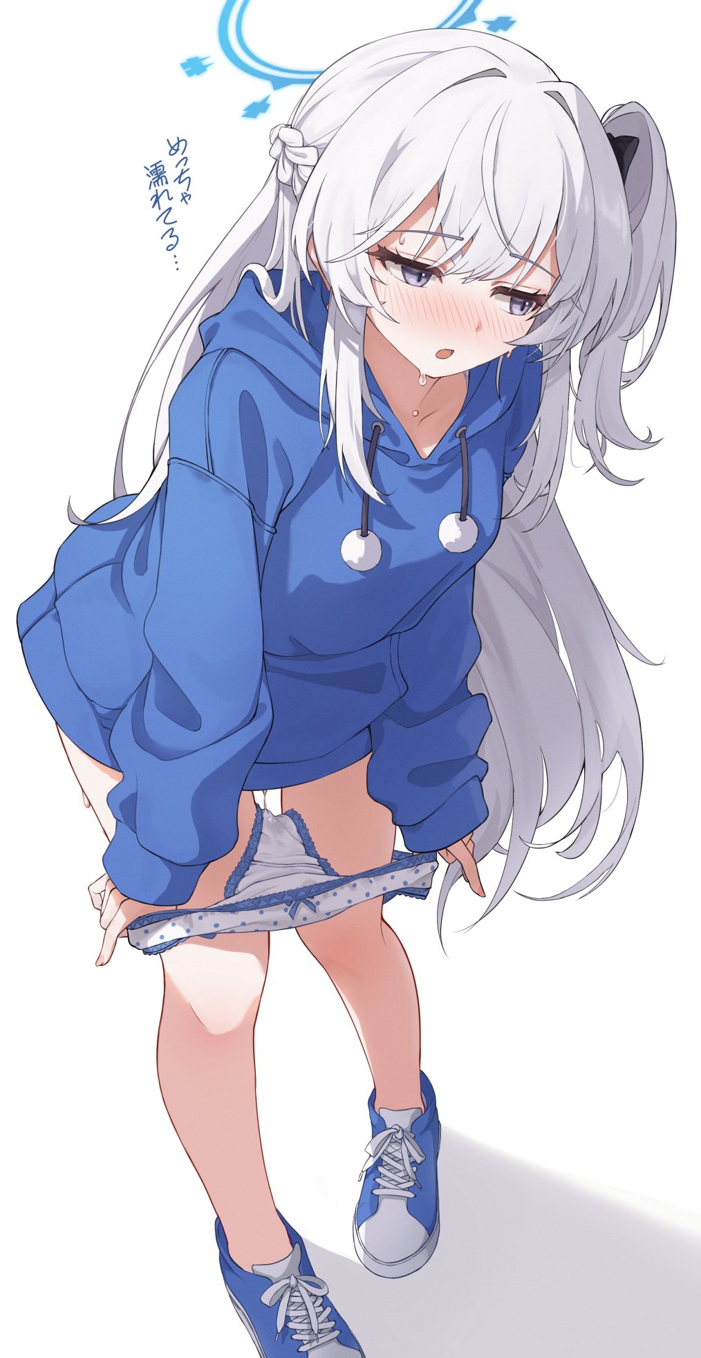 1girls, blue archive, braid, breasts, dialogue, female, grey eyes, hoodie, japanese text, long hair, miyako (blue archive), nose blush, pussy, pussy juice, rabbit squad (blue archive), removing panties, ripnte (artist), srt special academy student, sweat, sweatdrop, text, white hair, white panties