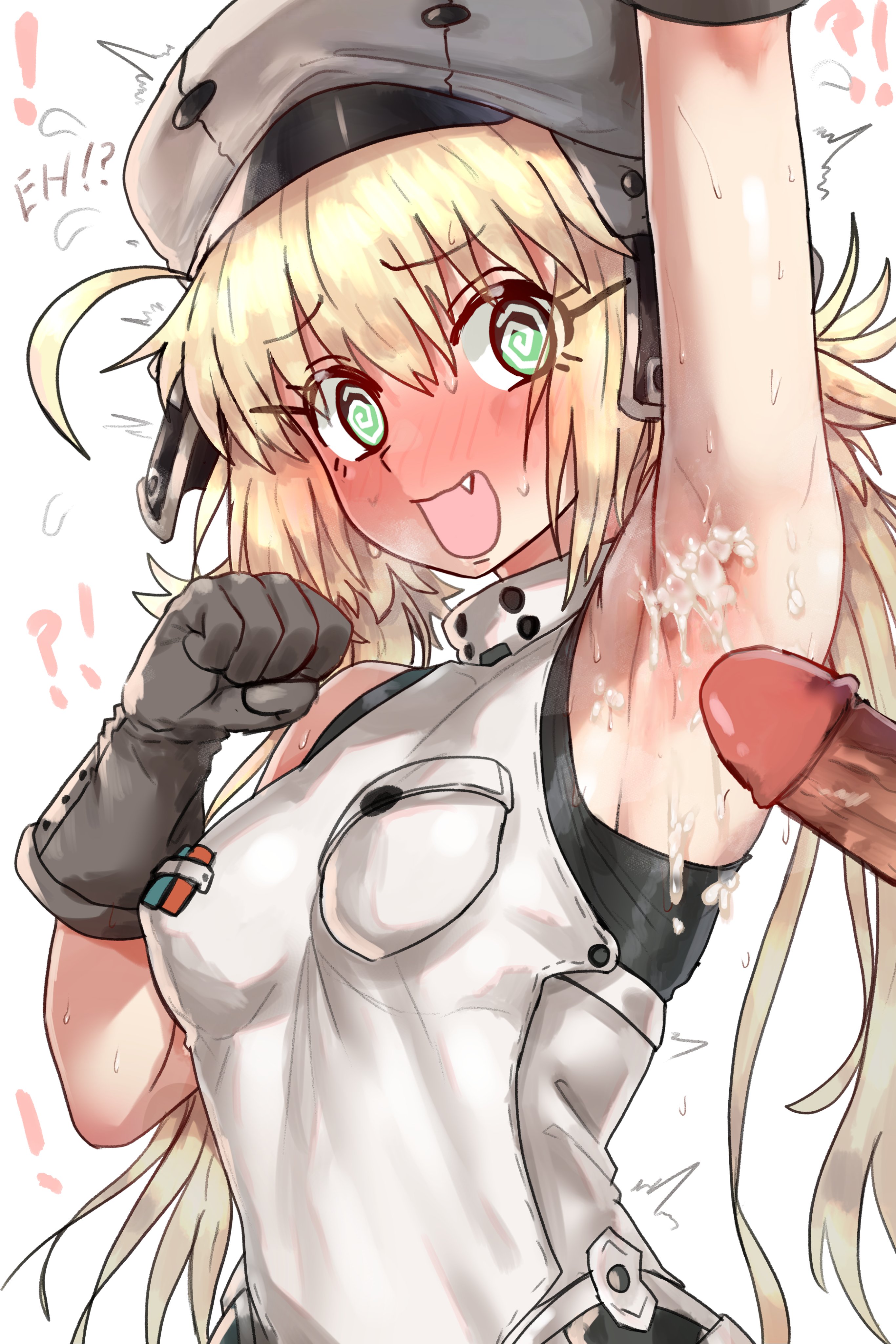 1boy, 1girls, armpit fetish, armpit sex, armpits, arms up, artoria caster (fate), artoria pendragon, artoria pendragon (caster), blonde hair, blush, breasts, clothed, cum, cum on armpit, cute fang, disembodied penis, ebora, embarrassed, fate (series), fate/grand order, female, gloves, green eyes, hi res, light skin, light-skinned female, long hair, male, medium breasts, penis, perky breasts, sleeveless, sweat, swirly eyes, twintails, uncensored, youngmanisdown