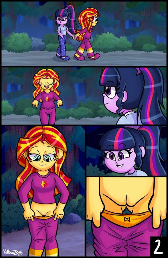 comic comic_page confident equestria_girls excited exhibitionism have_to_pee my_little_pony omorashi pajamas pulling_down_pants pussy sci-twi shaved_pussy sunset_shimmer yellowzonemx