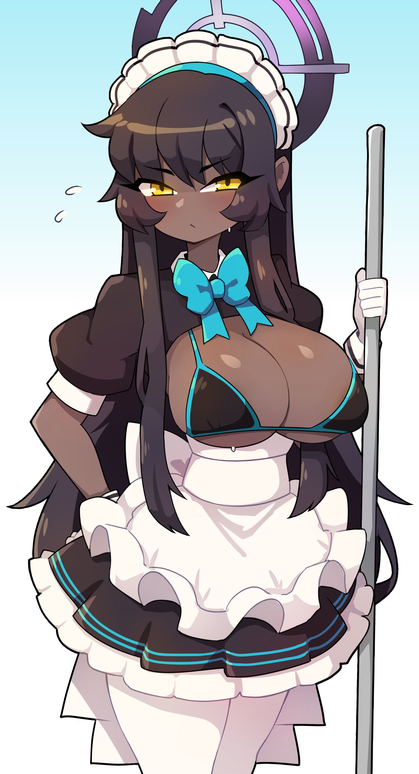 1girls big_breasts bikini_top black_hair blue_archive blush cleaning_&_clearing_(blue_archive) dark-skinned_female dark_skin female female_only hi_res j5daigada karin_(blue_archive) long_hair looking_at_viewer maid maid_headdress maid_uniform millennium_science_school_student neck_ribbon solo thighhighs white_thighhighs yellow_eyes