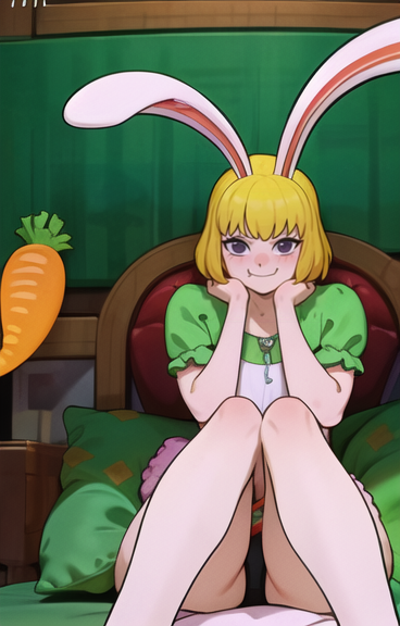 ai_generated anthro bed black_eyes black_panties blonde_hair blush bunny bunny_ears carrot_(one_piece) dress female female_only front_view lagomorph leporid looking_at_viewer mammal minkmen_(one_piece) one_piece panties short_hair smirking trompitpro white_fur