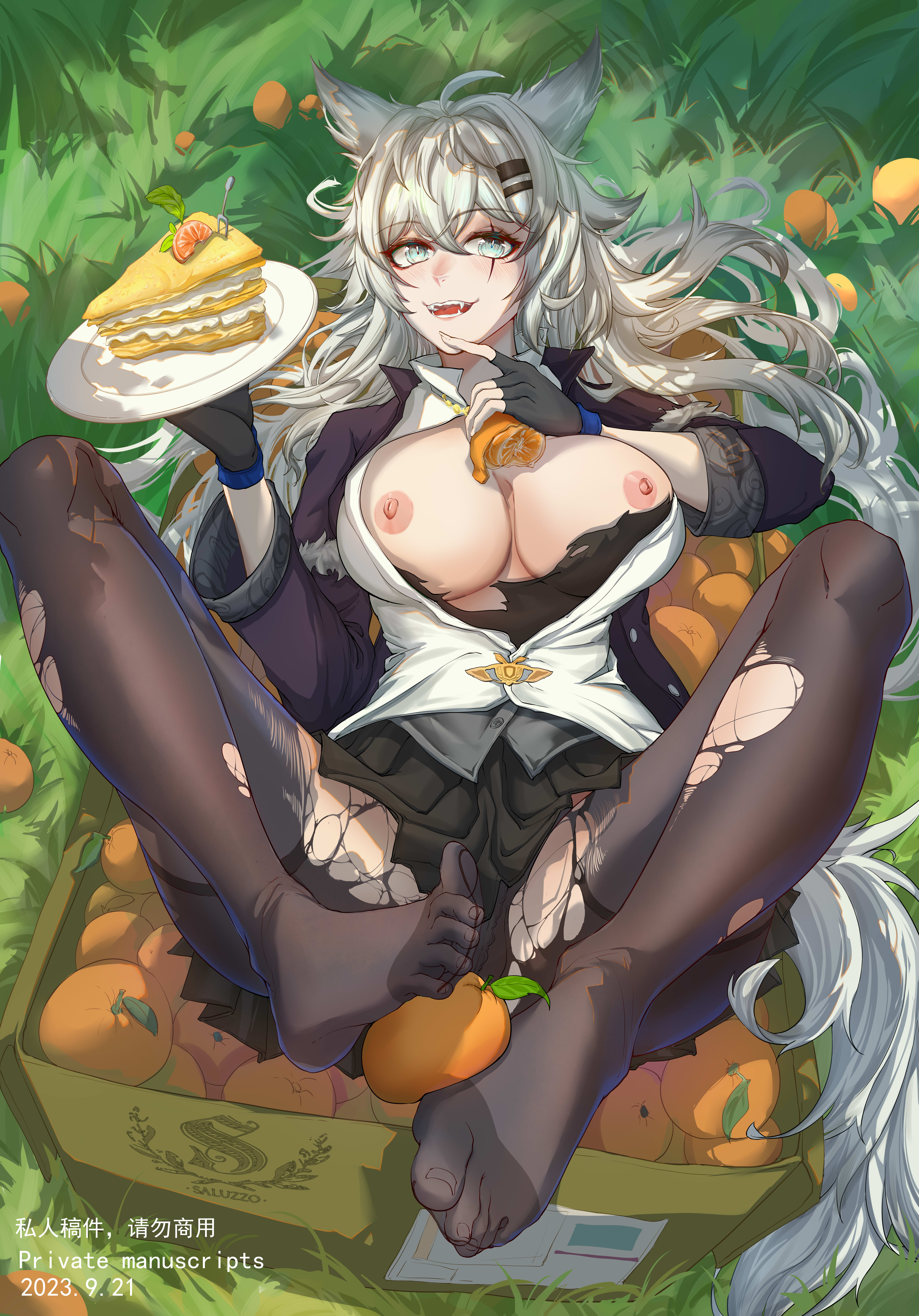 1girls, 2023, animal ears, arknights, big breasts, breasts, breasts out, cake, corporate flying shark, fangs, feet, female, fingerless gloves, fruit, gloves, hair ornament, hi res, holding object, kemonomimi, lappland (arknights), legs apart, light skin, light-skinned male, long hair, lying, lying on back, male, nipples, orange, outdoors, outside, pantyhose, posing, scar, smile, solo, spread legs, toes, torn clothing, torn pantyhose, white eyes, white hair, wolf ears, wolf girl