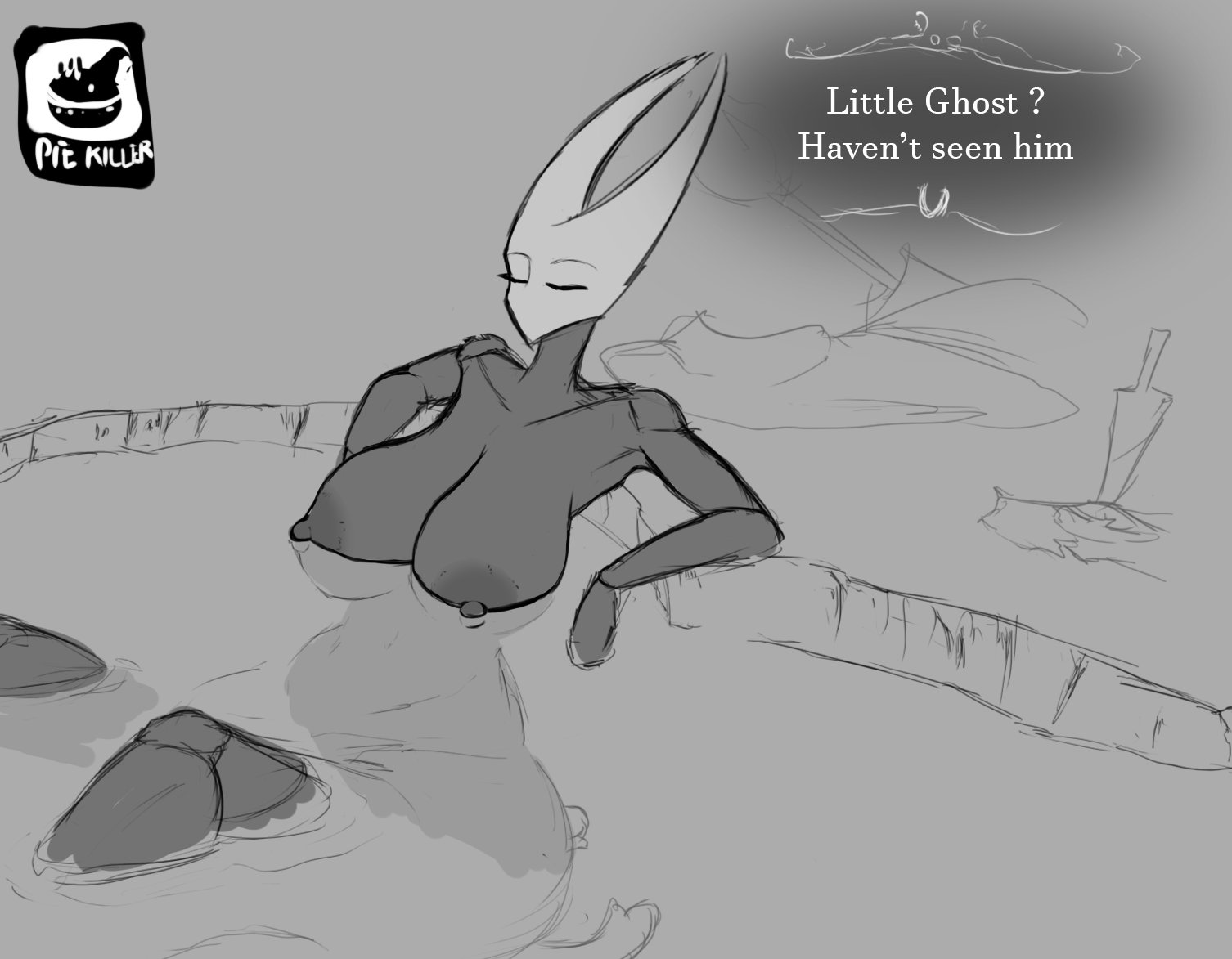 1girls, areolae, ass, big ass, big breasts, big butt, bigger female, breasts, completely nude, english text, facesitting, female, female only, hollow knight, hornet (hollow knight), hot spring, monochrome, naked, naked female, nipples, nude, nude female, piekiller5, sitting, sitting on person, size difference, talking, team cherry, text, the knight (hollow knight), thick thighs, wide hips