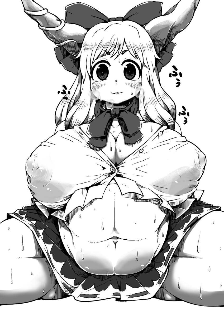 1girls bow breasts female hairbow horns ichigou_kotou large_breasts long_hair monochrome oni plump solo_female suika_ibuki touhou