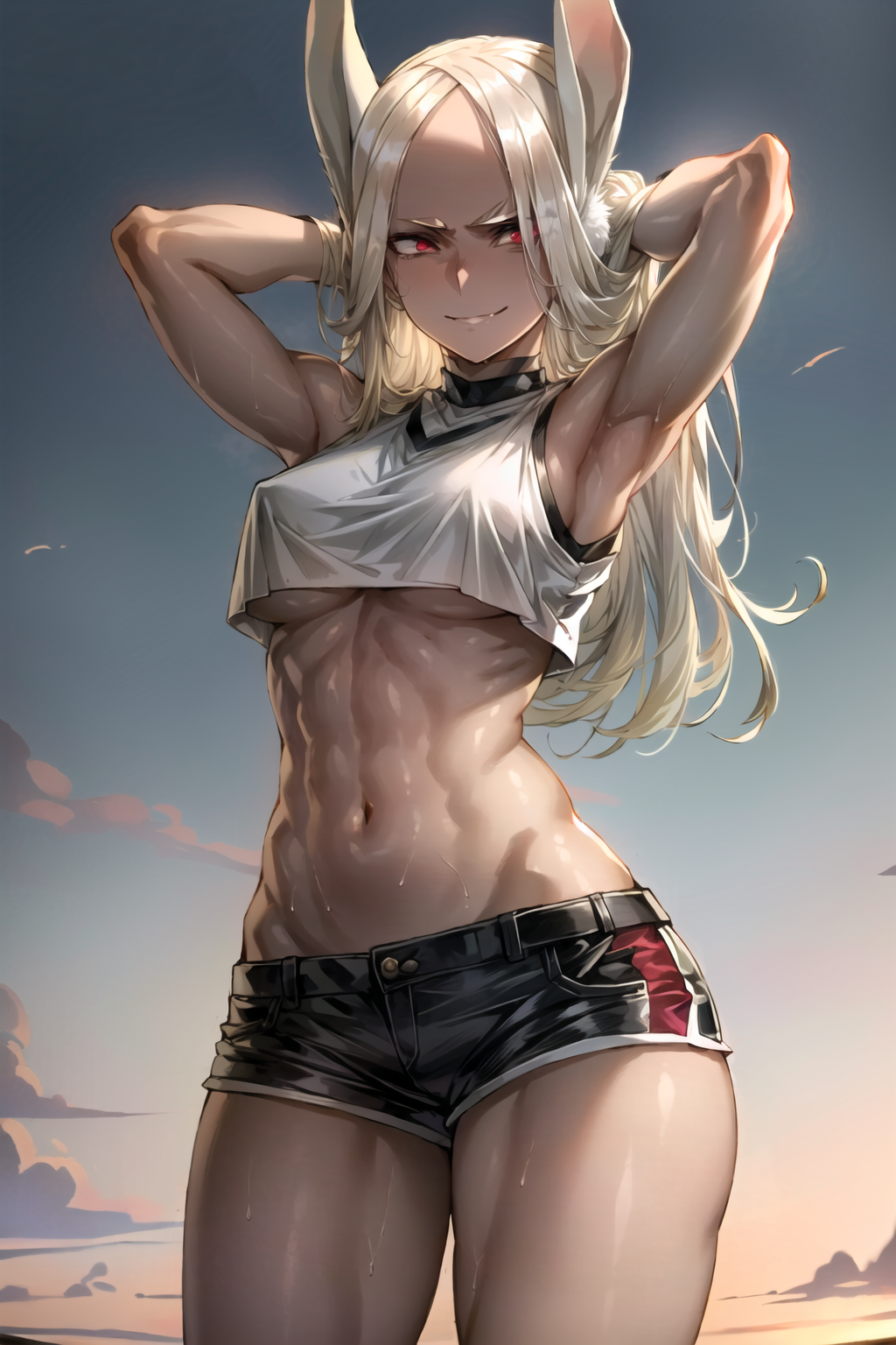 abs ai_generated animal_ears armpits arms_behind_head arms_up boku_no_hero_academia breasts crop_top crop_top_overhang dark-skinned_female dark_skin edosynf female highres long_eyelashes long_hair looking_at_viewer midriff mirko miruko muscular my_hero_academia navel parted_bangs rabbit_ears rabbit_girl red_eyes rumi_usagiyama shirt short_shorts shorts sky solo sweat thick_thighs thighs toned underboob white_hair