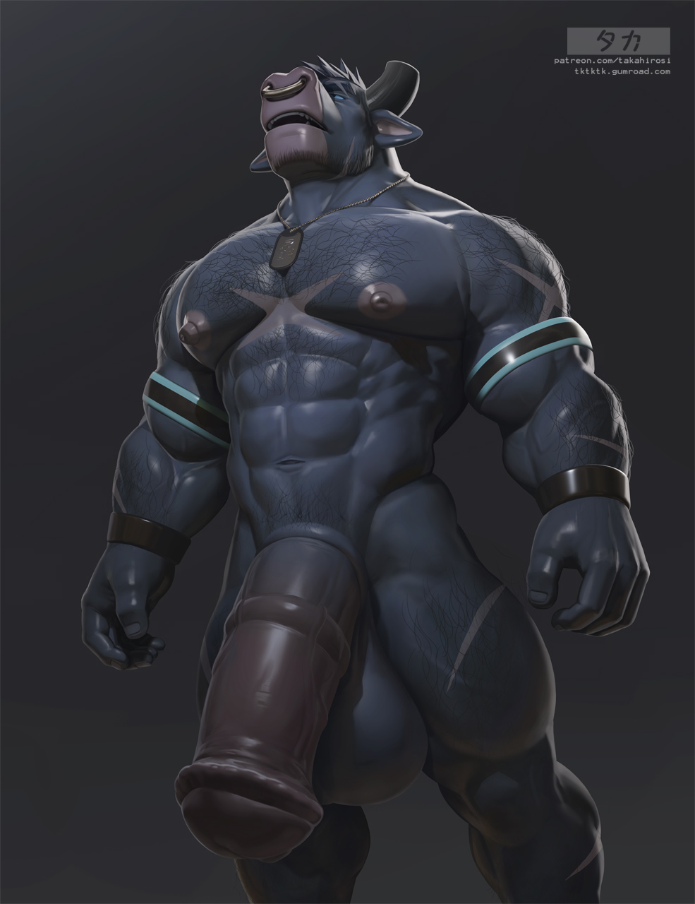 2_horns abs animal_genitalia animal_penis anthro arm_hair arm_scar armband artist_logo balls biceps big_penis blue_body blue_fur blue_hair blue_sclera body_hair bovid bovine broken_horn cattle chest_hair chest_scar chin_scar deltoids equine_genitalia equine_penis eyebrow_scar facial_piercing fur genitals gumroad hair hi_res horn leg_hair leg_scar logo male mammal morton_(takahirosi) muscular muscular_anthro muscular_male muscular_thighs navel nipples nose_piercing nose_ring notched_eyebrow obliques open_mouth patreon pecs penis piercing ring_piercing scar septum_piercing septum_ring solo standing takahirosi watermark wristband