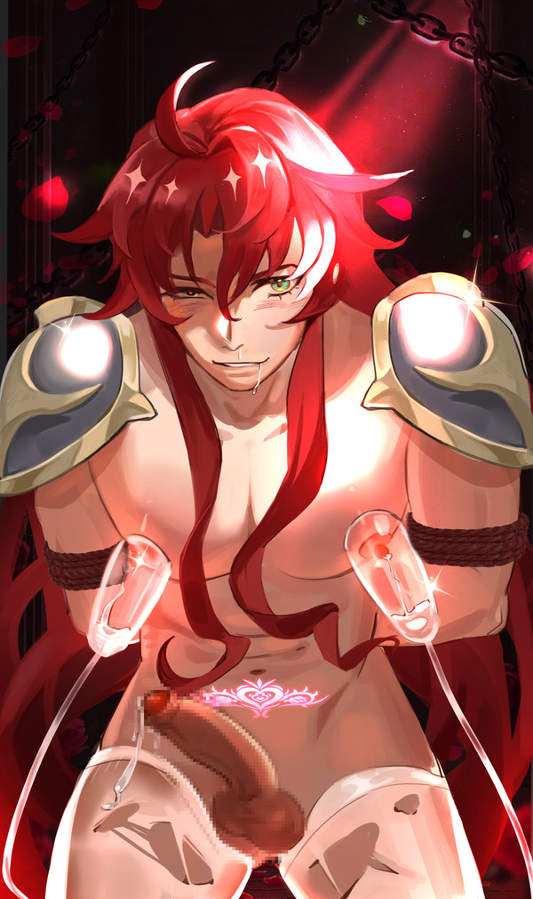 1boy, argenti (honkai: star rail), balls, bishonen, censored penis, erect penis, erection, foreskin, gay, green eyes, honkai: star rail, male, male lactation, male only, milking, milking machine, nipples, penis, precum, pretty boy, pubic tattoo, puffy nipples, red hair, solo, uncircumcised, yaoi, 仙贝