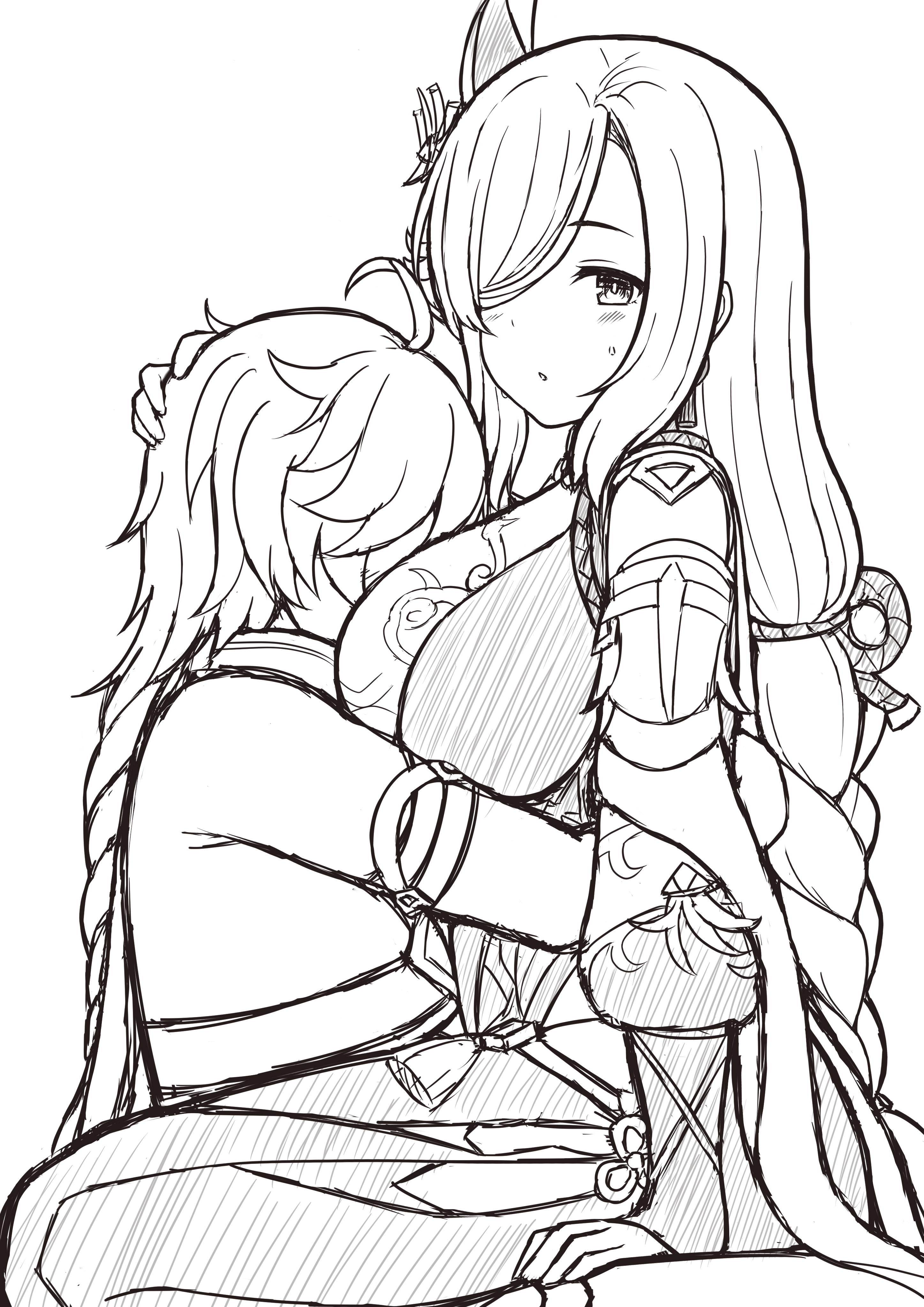 1boy, 1girls, aether (genshin impact), ass, big breasts, black and white, braid, breasts, clothed sex, cute, drawing, fat ass, female, genshin impact, headpat, holding, long hair, male, mihoyo, penetration, shenhe (genshin impact), thick thighs, wip