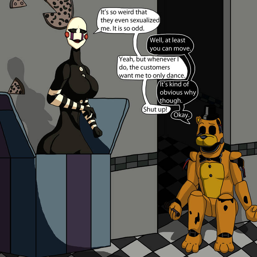 animatronic bowtie box breasts dialogue female five_nights_at_freddy's five_nights_at_freddy's_2 golden_freddy golden_freddy_(fnaf) haunted marionette_(fnaf) meme music_box possessed puppet_(fnaf) resturant robot sitting sitting_on_ground text text_bubble thick top_hat ultimate_custom_night