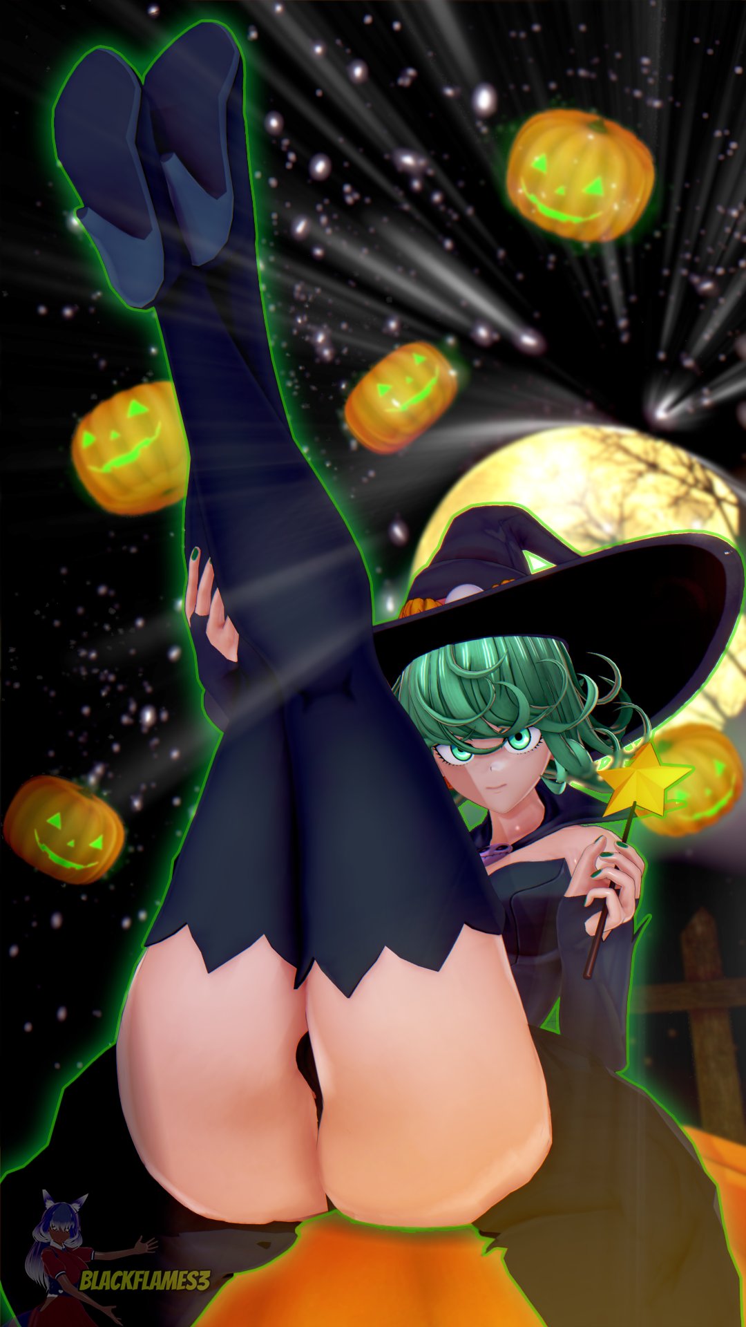 1girls 3d ass blackflames3 boots female female_only goth goth_girl green_eyes green_hair halloween high_heel_boots high_heels koikatsu looking_at_viewer magic_wand one-punch_man panties slutty_clothing slutty_outfit solo tatsumaki thick_thighs witch witch_hat