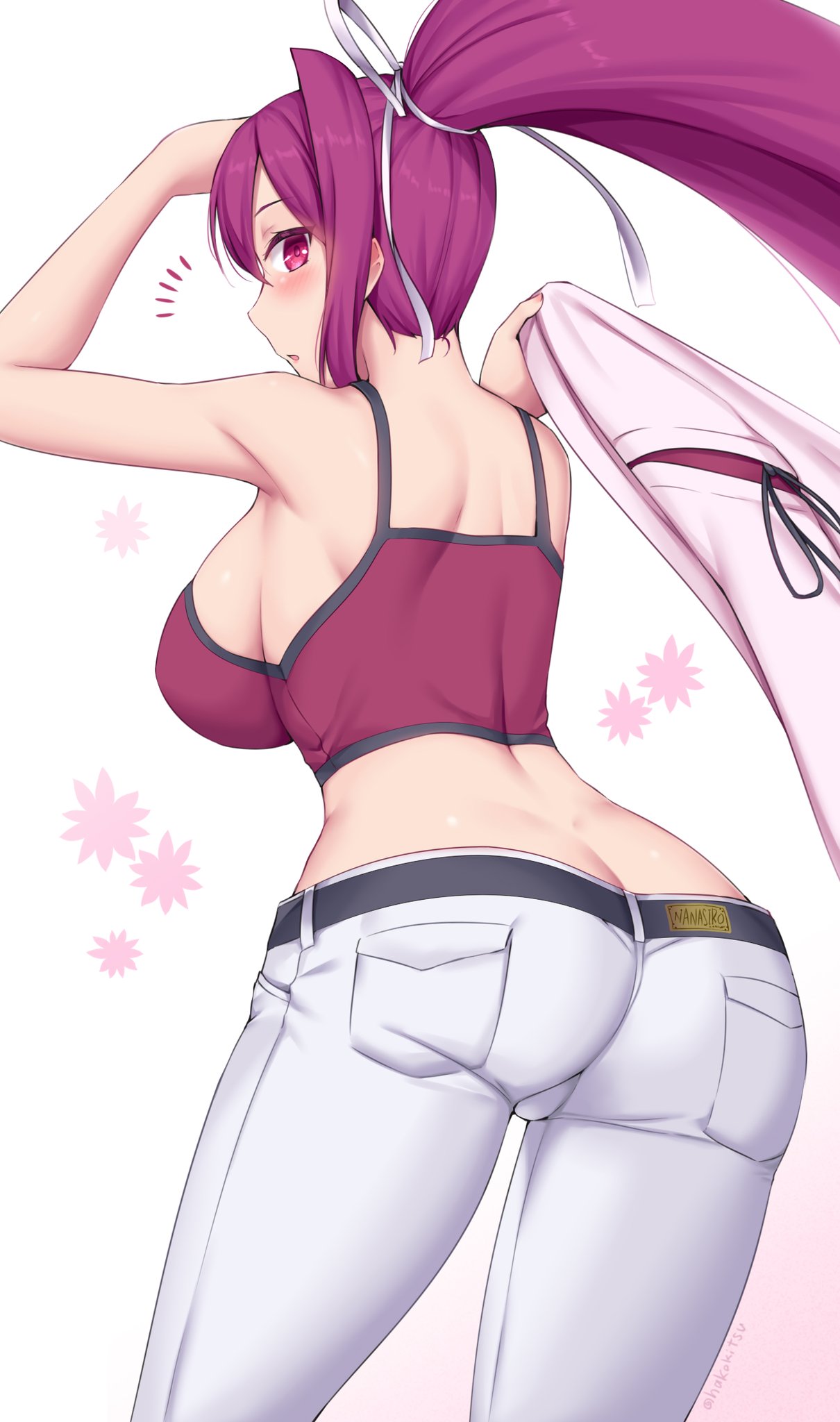 1girls 2d arc_system_works ass big_ass big_butt breasts butt crop_top female female_focus female_only large_breasts legwear light-skinned_female light_skin solo solo_focus soukitsu thighs under_night_in-birth white_background yuzuriha_(under_night_in-birth)