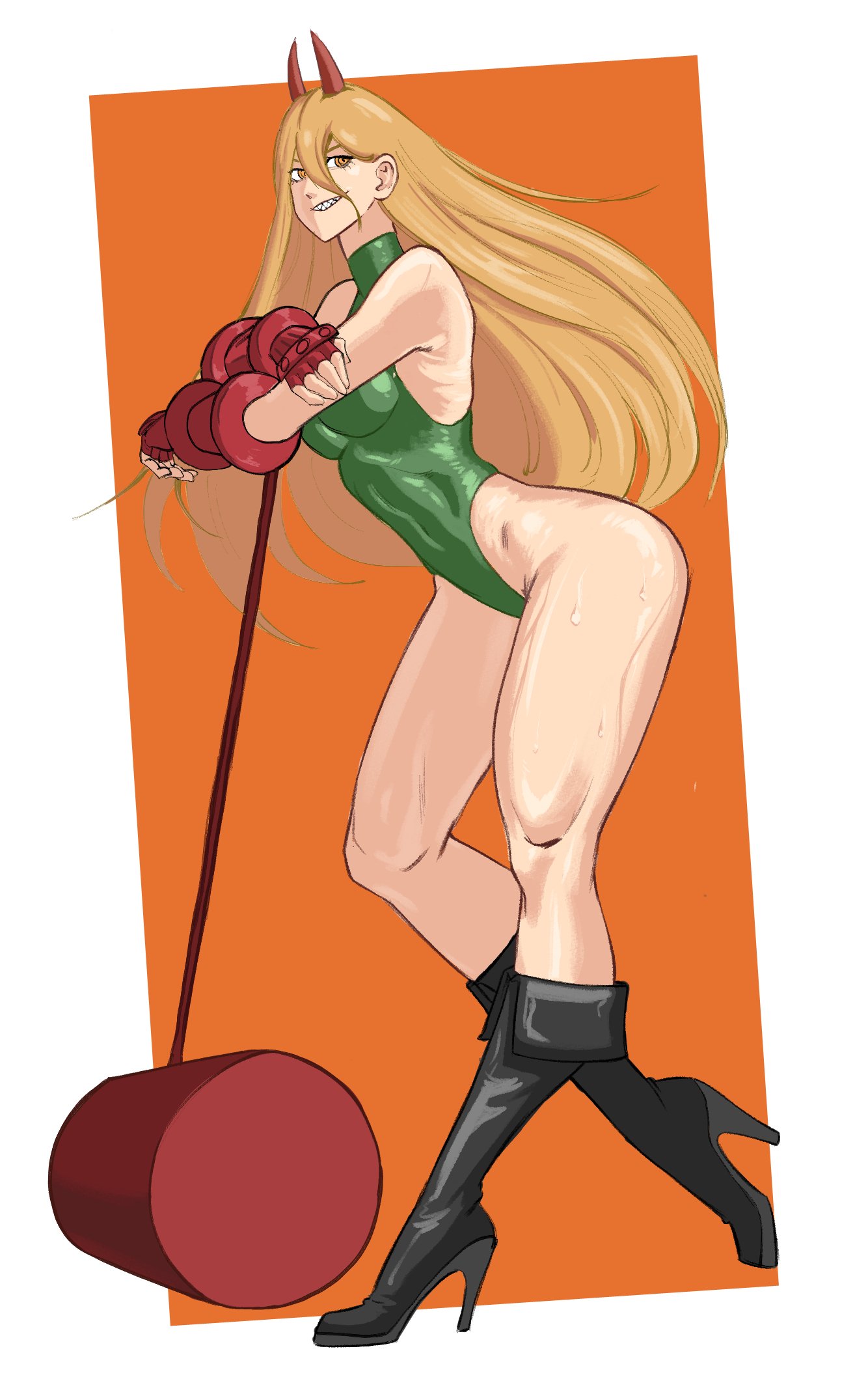 1girls, armwear, ass, big breasts, blonde hair, breasts, cammy white (cosplay), capcom, chainsaw man, cosplay, demon, demon horns, female, female only, footwear, full body, gauntlets, green leotard, hair, hammer, heels, high heels, hips, huge breasts, legs, leotard, long hair, octavius dp, power (chainsaw man), smile, solo, solo female, street fighter, sweat, sweatdrop, yellow eyes