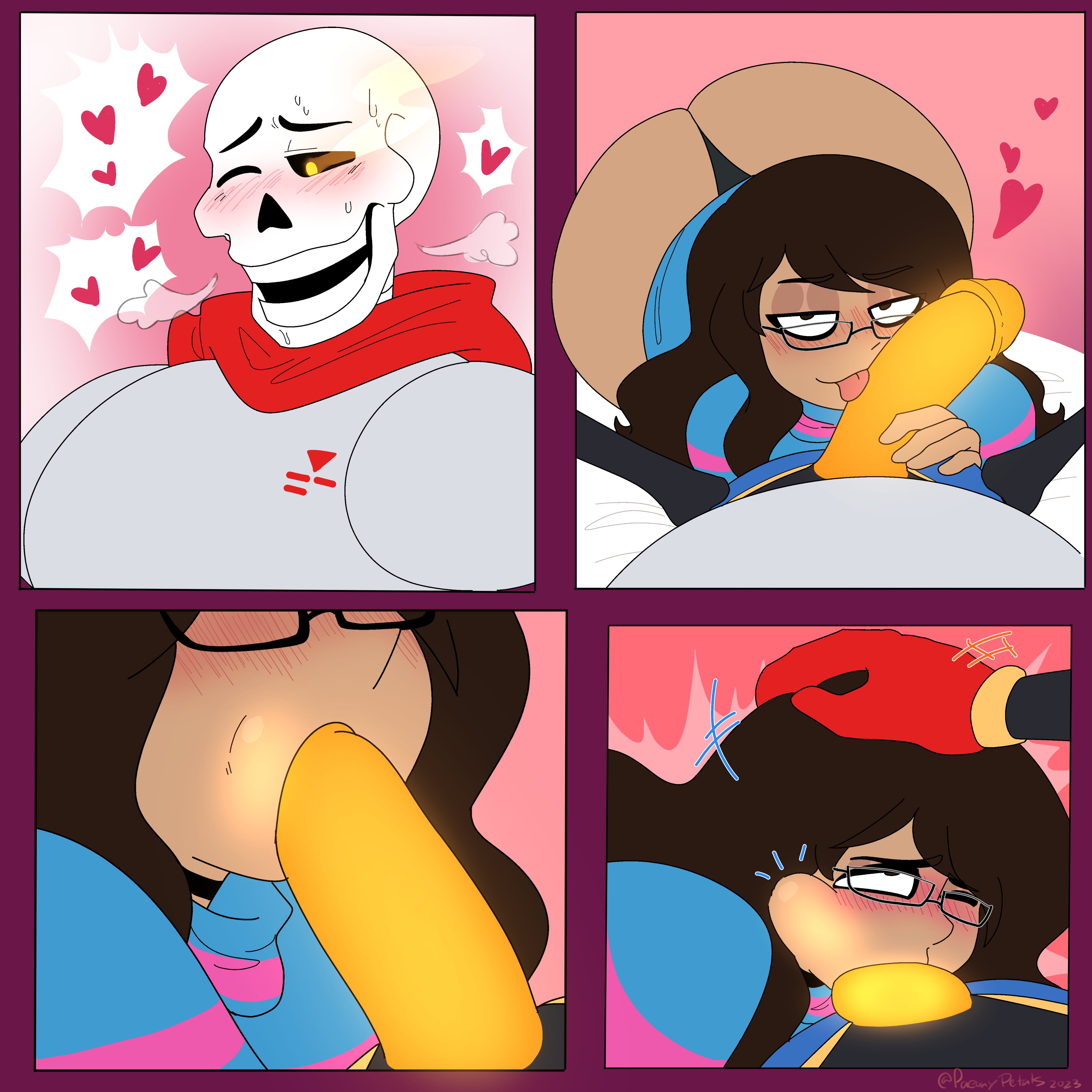1boy, 1girls, artist self-insert, ass, big ass, big butt, big penis, blowjob, blush, ectopenis, eye contact, fellatio, female, female frisk, frisk, frisk (cosplay), glasses, hand on another's head, hand on head, heart, hot breath, licking, lizielewddle, lizielewddle (character), looking at viewer, male, male/female, oral sex, orange penis, original character, papyrus, penis, peonypetals, pushing head down, round ass, round butt, self insert, skeleton, straight, thong, undertale, undertale (series)