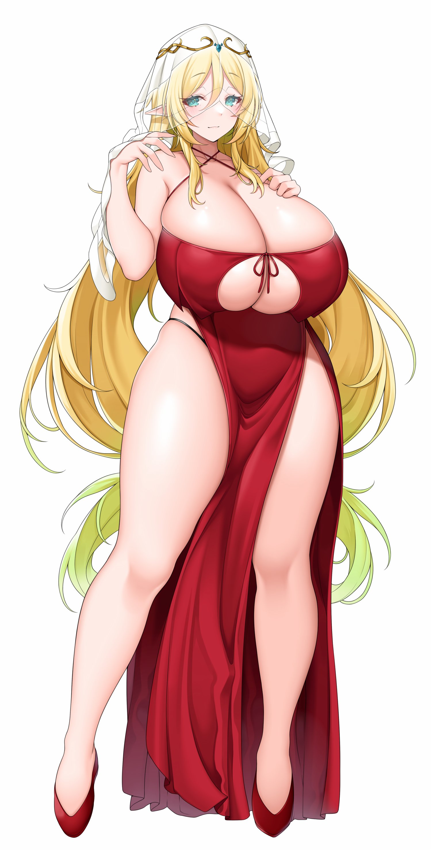 1girls, 2023, aqua eyes, big breasts, blonde hair, breasts, dress, elf, elf ears, elf female, fantasy, female, female only, green highlights, huge breasts, looking at viewer, red dress, smiling, smiling at viewer, solo, suruga (xsurugax), thick thighs, veil, very high resolution, white background