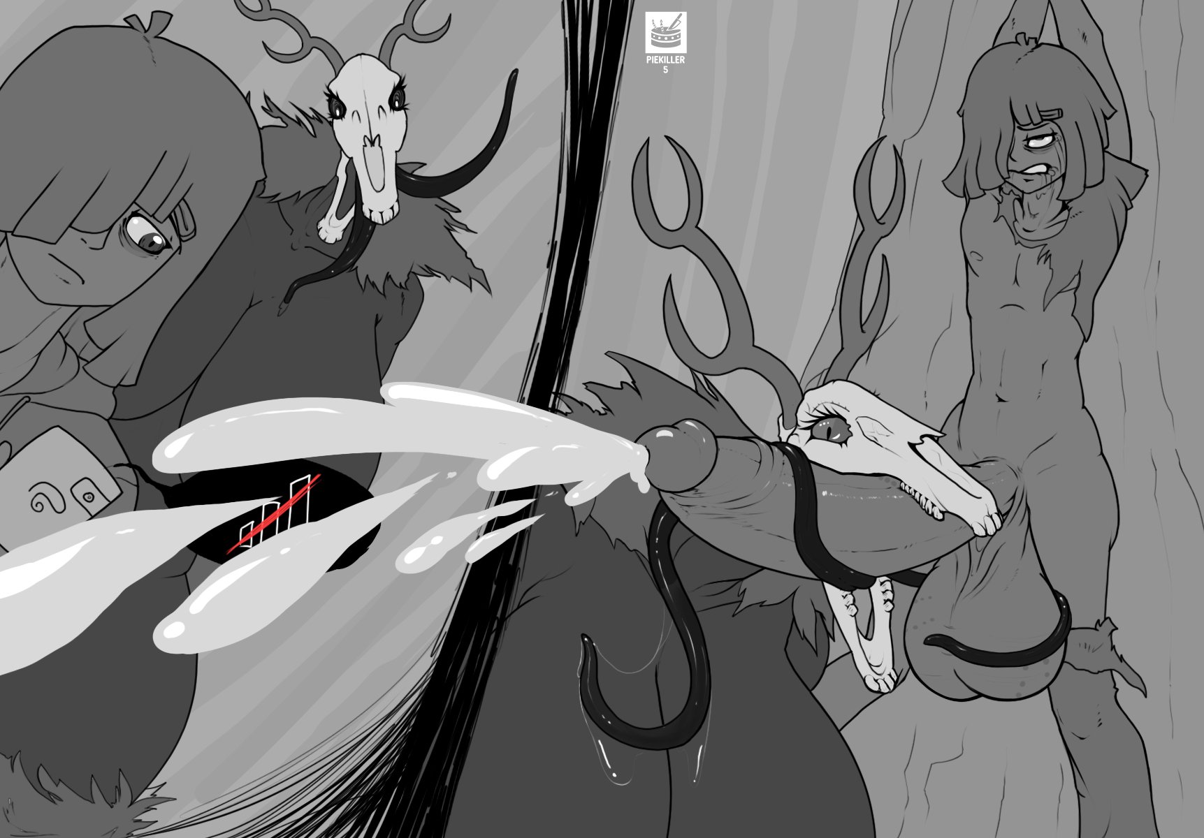 1boy, antlers, arms above head, balls, big balls, big breasts, big penis, breasts, cum, dubious consent, female, handsfree ejaculation, huge breasts, huge cock, long tongue, male, monochrome, monster, monster girl, nightmare waifu, penis, piekiller5, restrained, ripped clothing, size difference, skull, skull head, tagme, thick thighs, tongue, tongue around penis, tongue out, tonguejob, wendigo, wide hips
