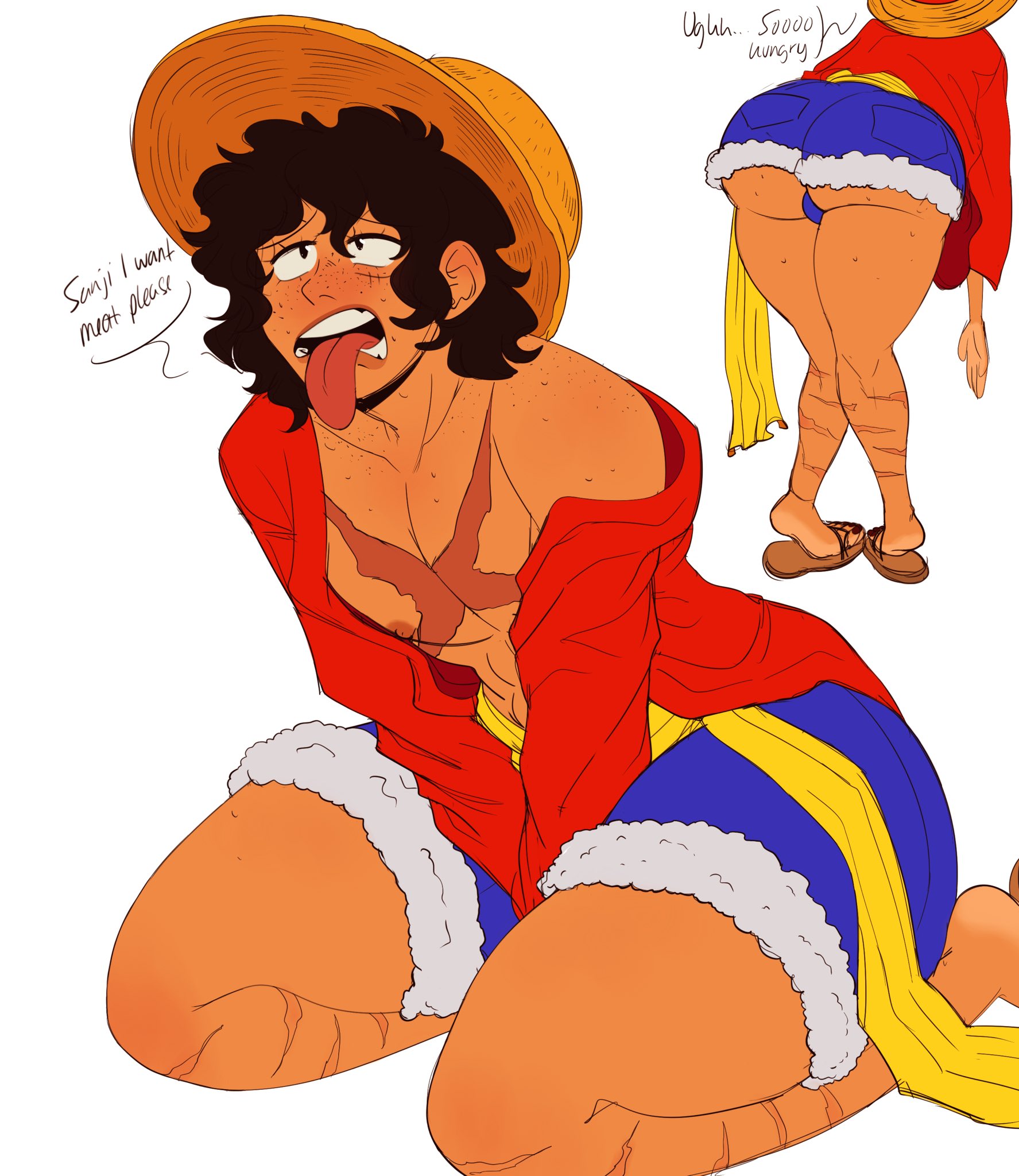 artist request, ass, big ass, big butt, black hair, femboy, huge ass, male, male only, monkey d luffy, one piece, post-timeskip, sandals, scar, shorts, solo, straw hat, thick femboy, thick thighs, tongue, tongue out, wide hips
