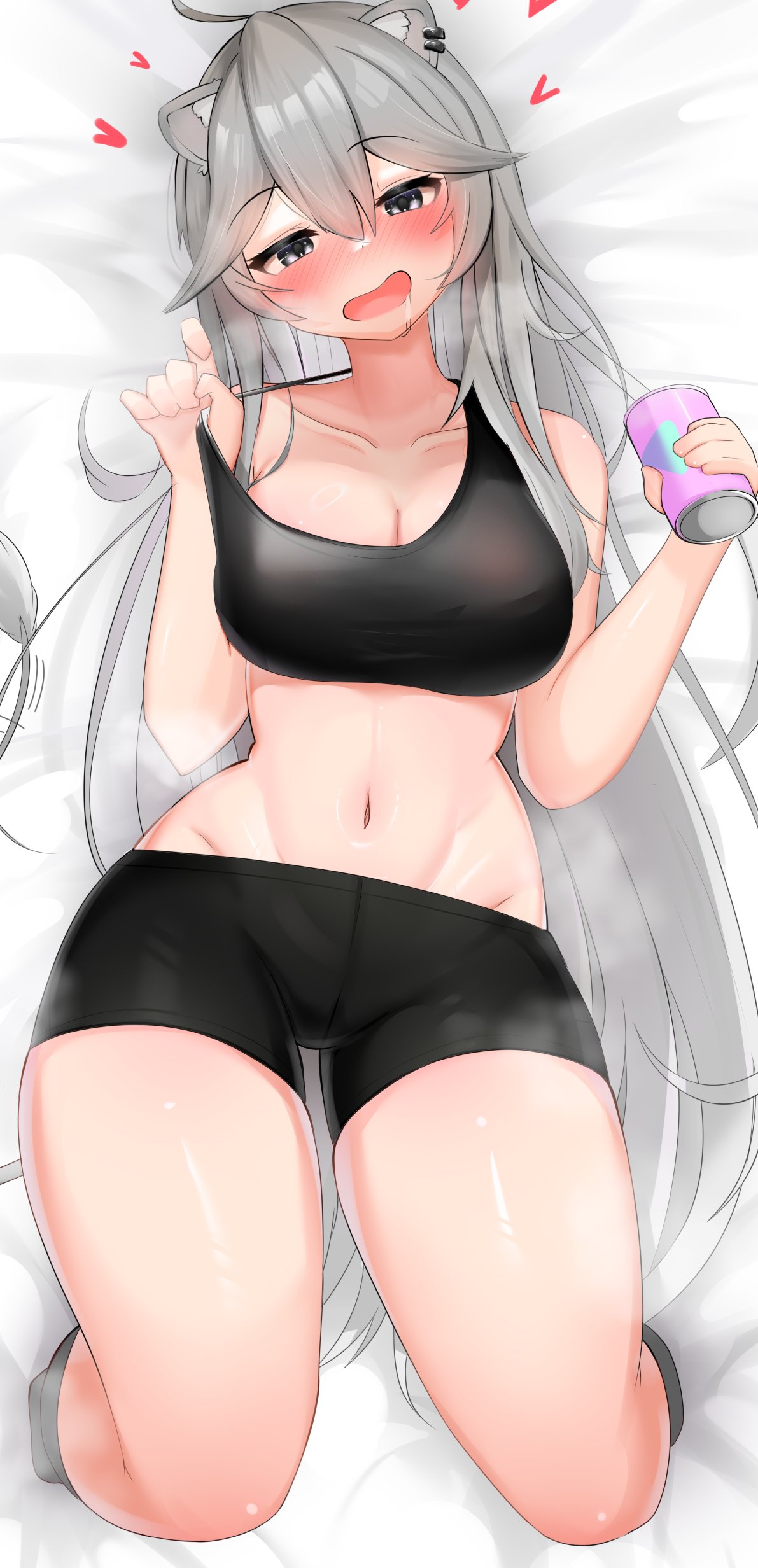 athletic, beer can, bike shorts, black topwear, drooling, drunk, female, from above, heart, hololive, hololive gen 5, hololive japan, horny, horny female, lying on bed, nose blush, pulling clothing, saliva, shishiro botan, slender waist, spats, steaming body, virtual youtuber