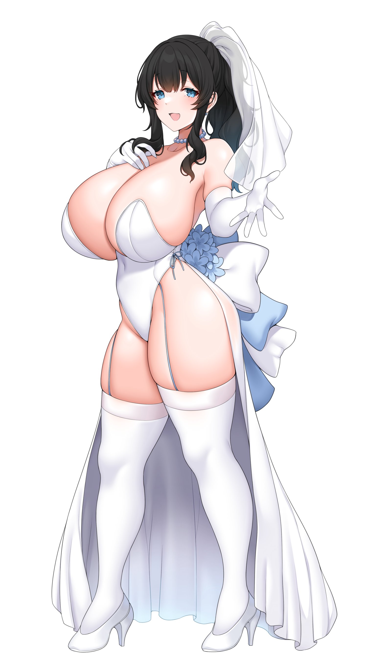1girls, 2023, big breasts, black hair, blue eyes, breasts, dress, female, female only, full body, garter straps, heels, hi res, leotard, long hair, looking at viewer, ponytail, smiling, smiling at viewer, solo, stockings, suruga (xsurugax), thick thighs, wedding dress, wedding veil, white background, white stockings
