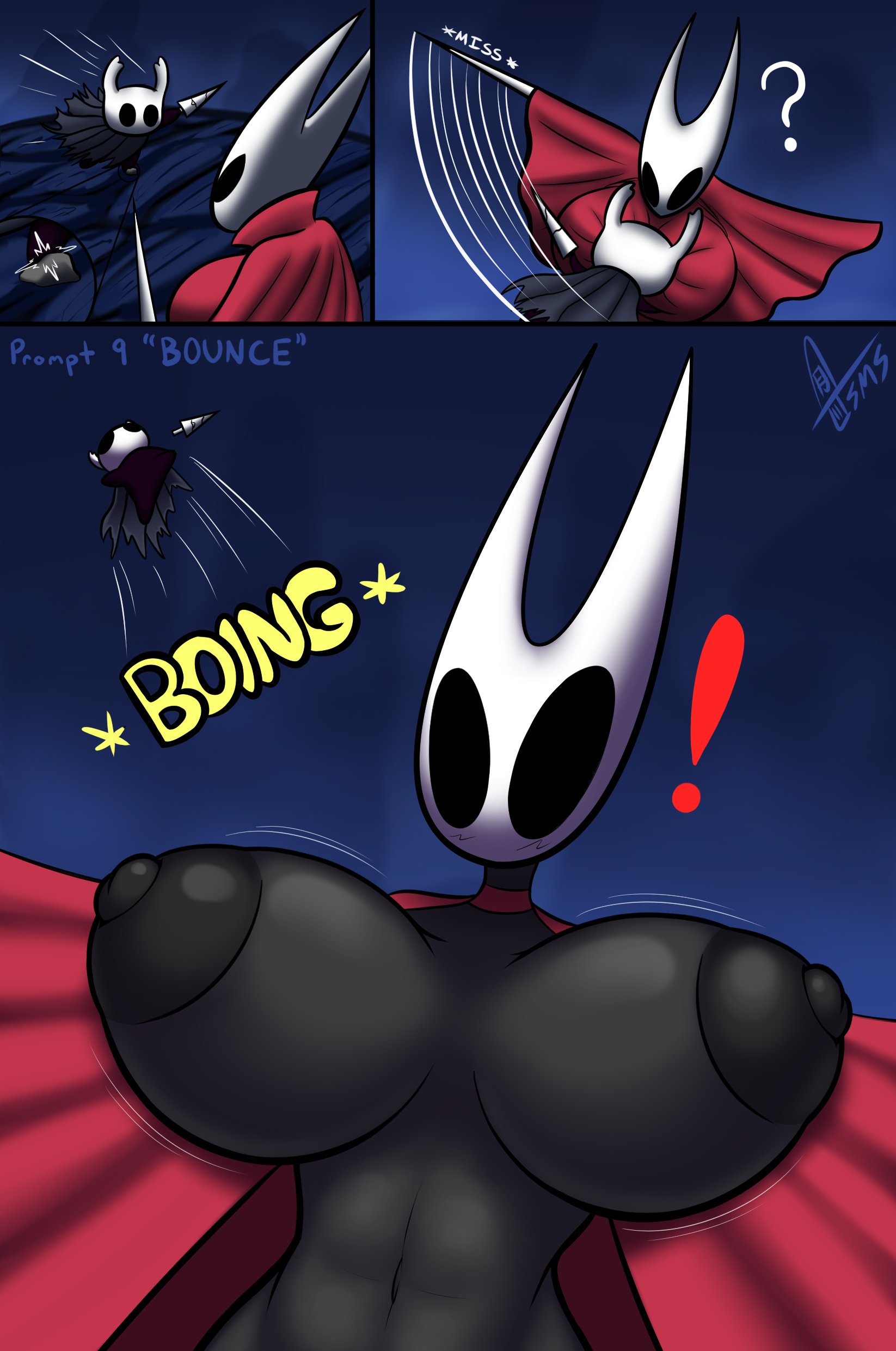 big breasts, breasts, clothed, eyebrowless, female, hollow knight, hornet (hollow knight), huge breasts, nipples visible through clothing, no bra, no underwear, nude, ripped clothing, solid eyes, supermoonshroom, the knight (hollow knight)