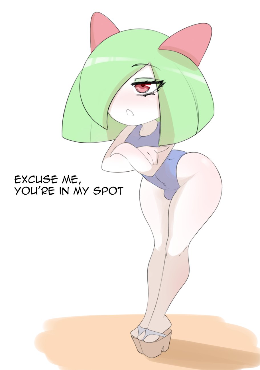 bulge_through_clothing eyeshadow femboy generation_3_pokemon high_heels humanoid kirlia male_kirlia pokémon_(species) pokemon pokemon_(species) sandals sealguy swimsuit text