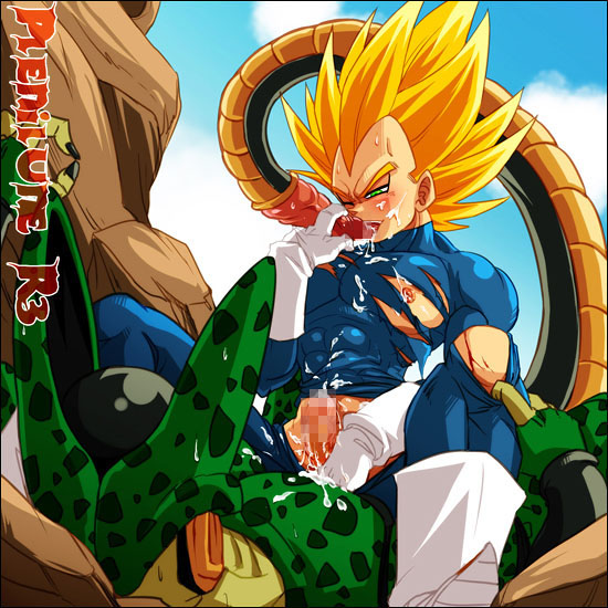 2boys boner cell_(dragon_ball) censored cum dragon_ball dragon_ball_z erection femboy gay male male_only semi-perfect_cell super_saiyan tagme vegeta yaoi