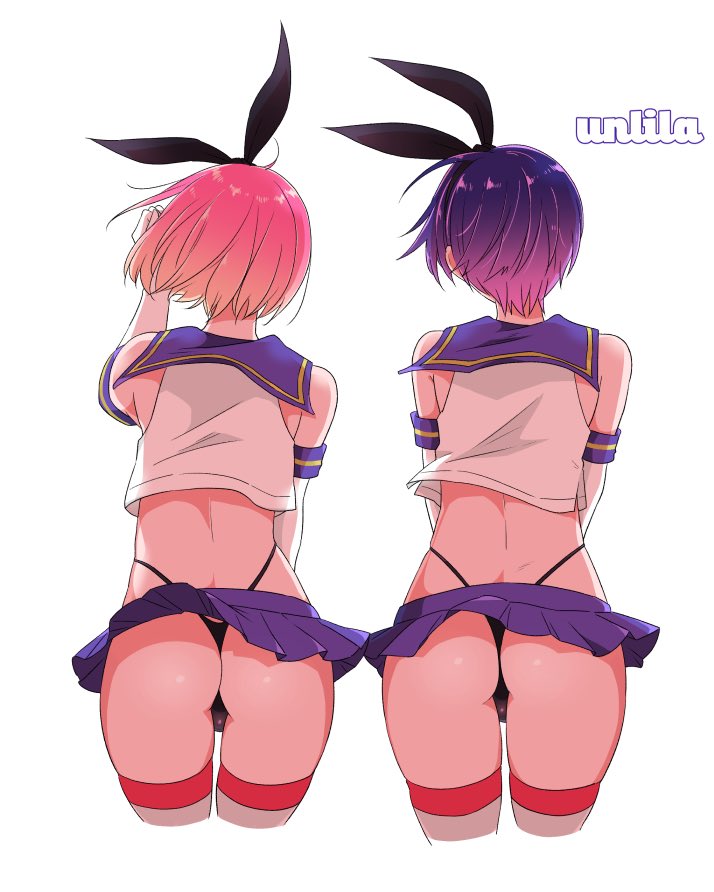 2boys, ass, back view, cosplay, crossdressing, crossplay, femboy, legwear, male, male only, microskirt, nagano rira, pink hair, ribbon, serafuku, shimakaze (kantai collection) (cosplay), short hair, skirt, skirt up, stockings, thong, trap, two-tone hair, violet hair